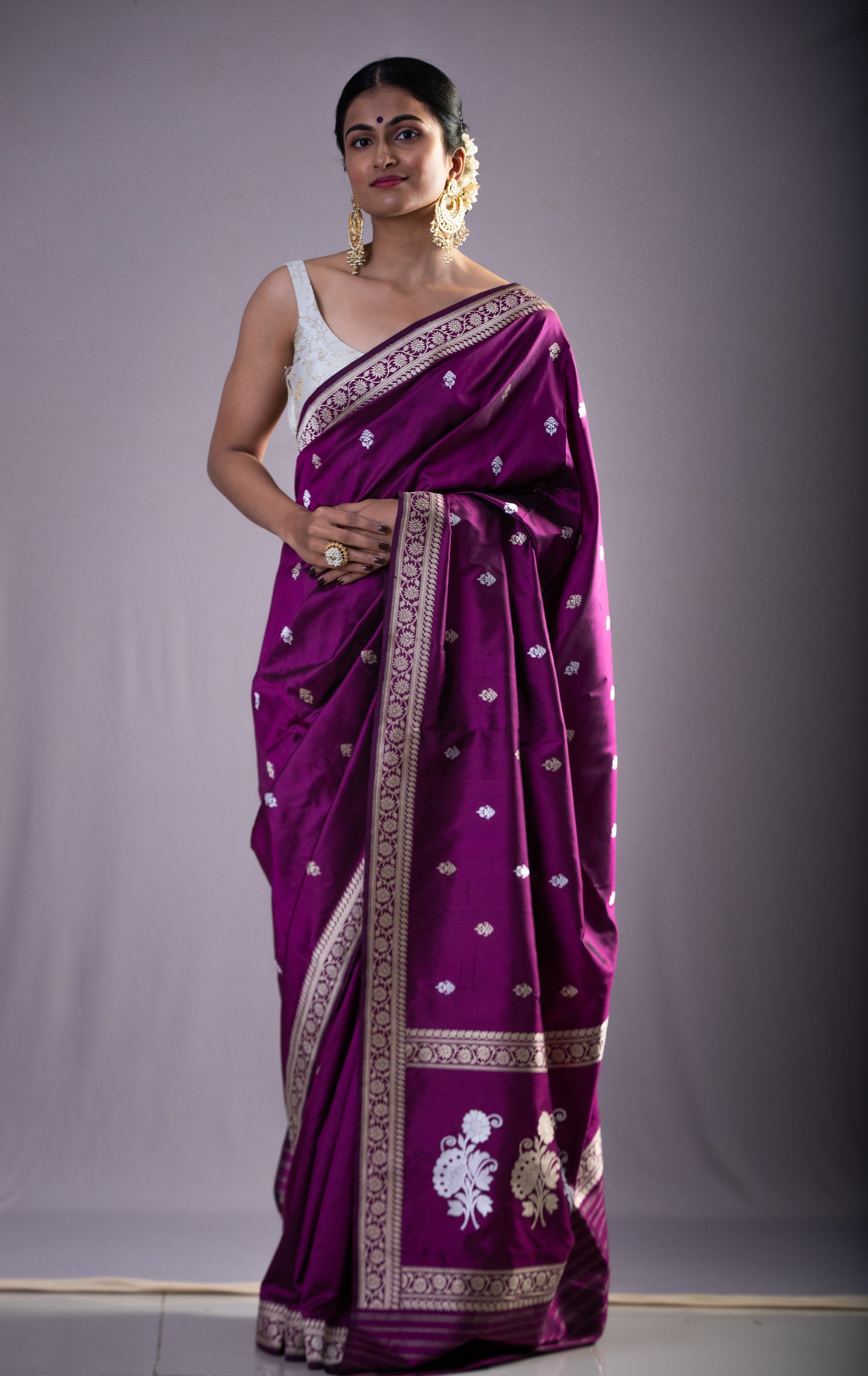 Deep Purple Colour Meenakari /Silver Jangle kadwa Weaving Handwoven Katan Mulbery Silk Saree