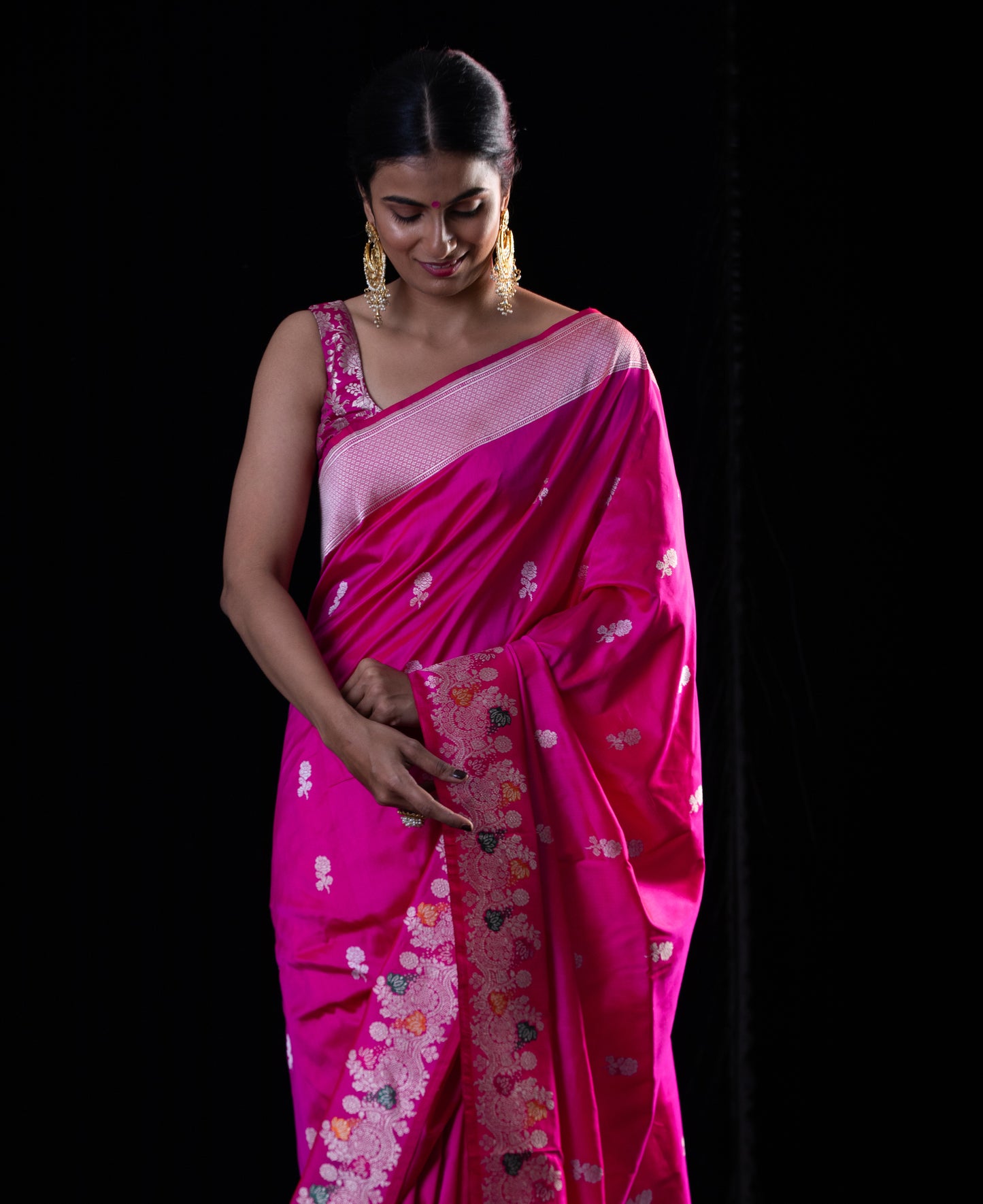Rani Pink Colour Meenakari /Silver Jangle kadwa Weaving Handwoven Katan Mulbery Silk Saree