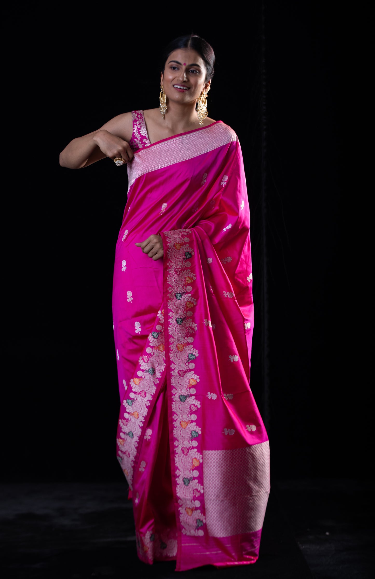 Rani Pink Colour Meenakari /Silver Jangle kadwa Weaving Handwoven Katan Mulbery Silk Saree