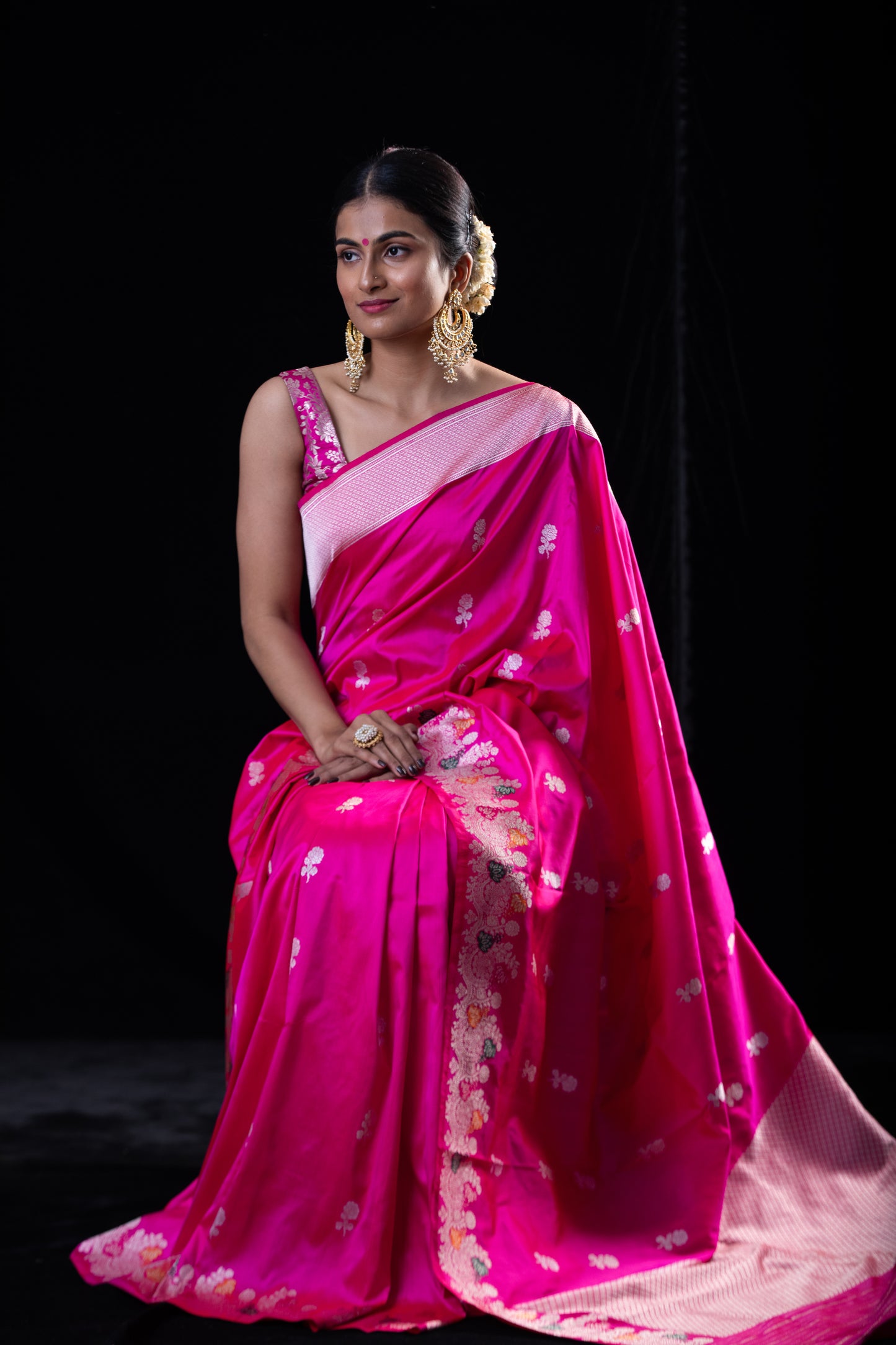 Rani Pink Colour Meenakari /Silver Jangle kadwa Weaving Handwoven Katan Mulbery Silk Saree