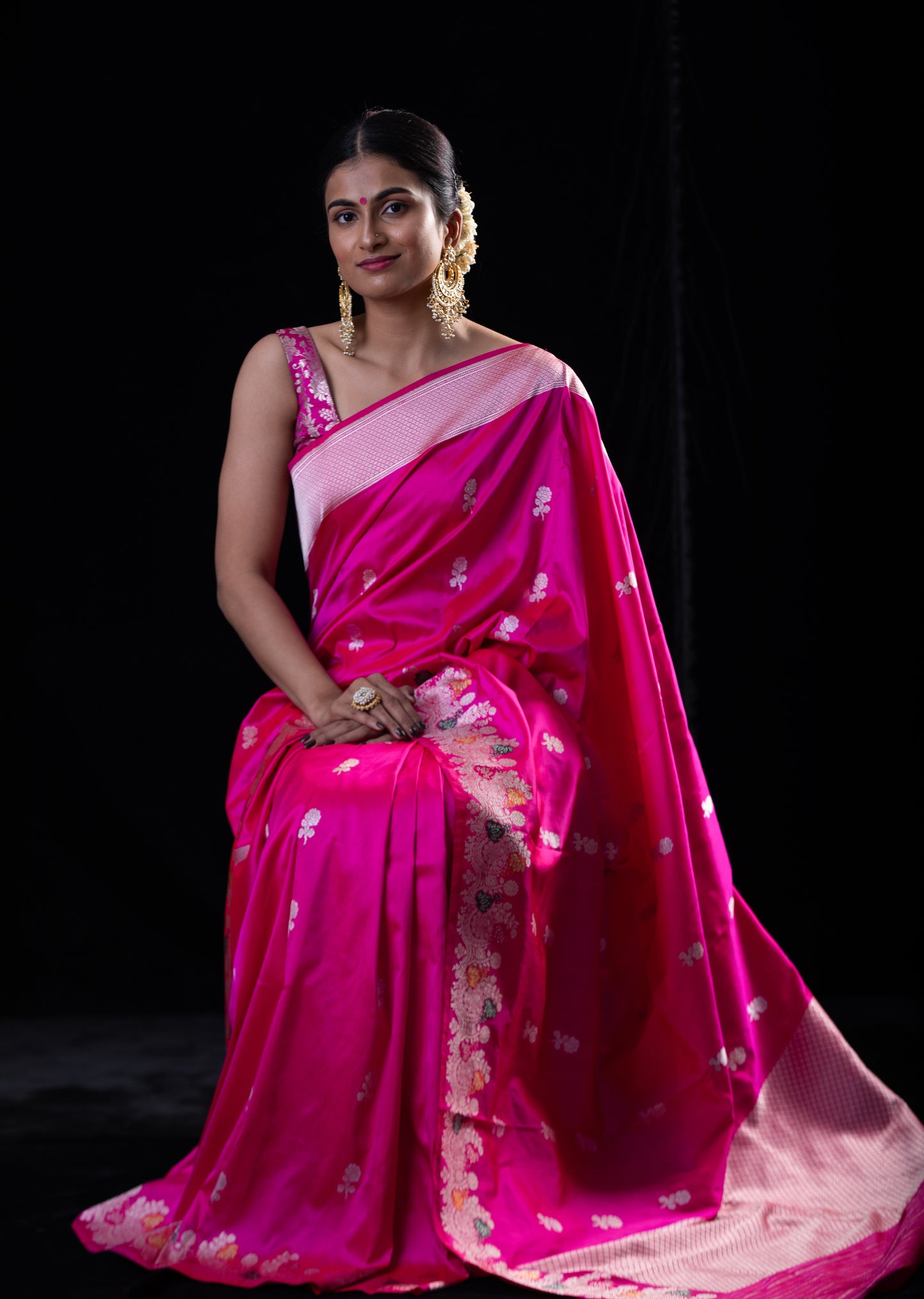 Rani Pink Colour Meenakari /Silver Jangle kadwa Weaving Handwoven Katan Mulbery Silk Saree