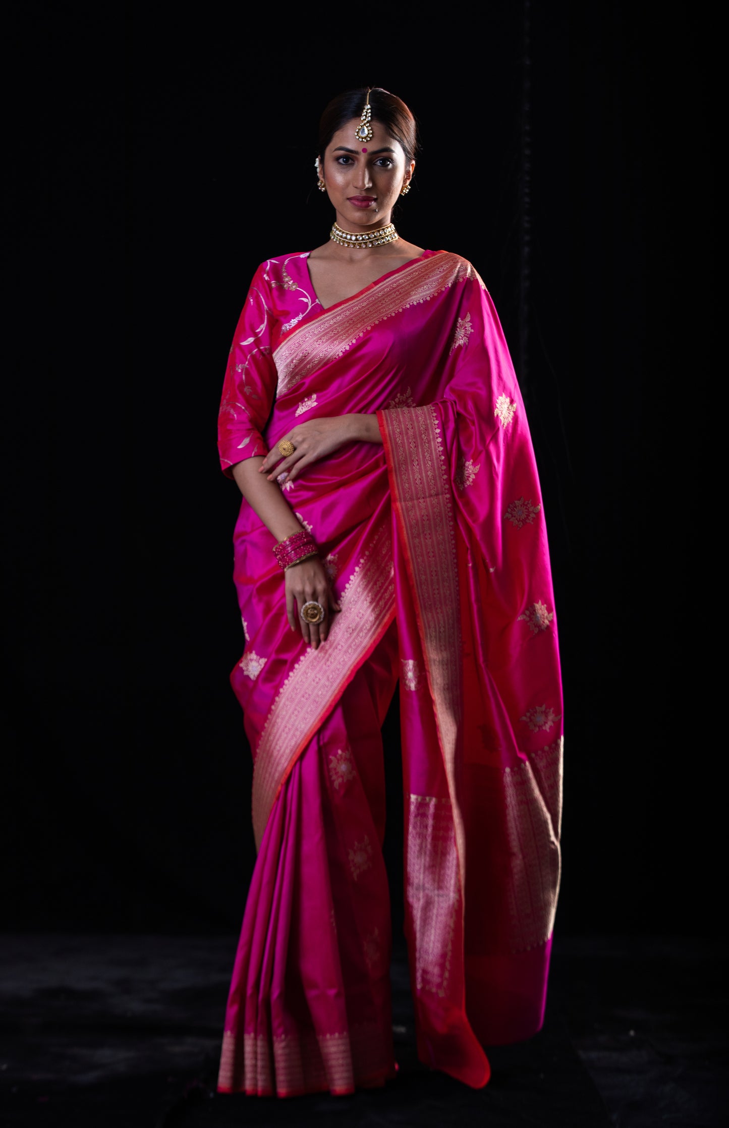 Rani Pink Colour Meenakari /Silver Jangle kadwa Weaving Handwoven Katan Mulbery Silk Saree