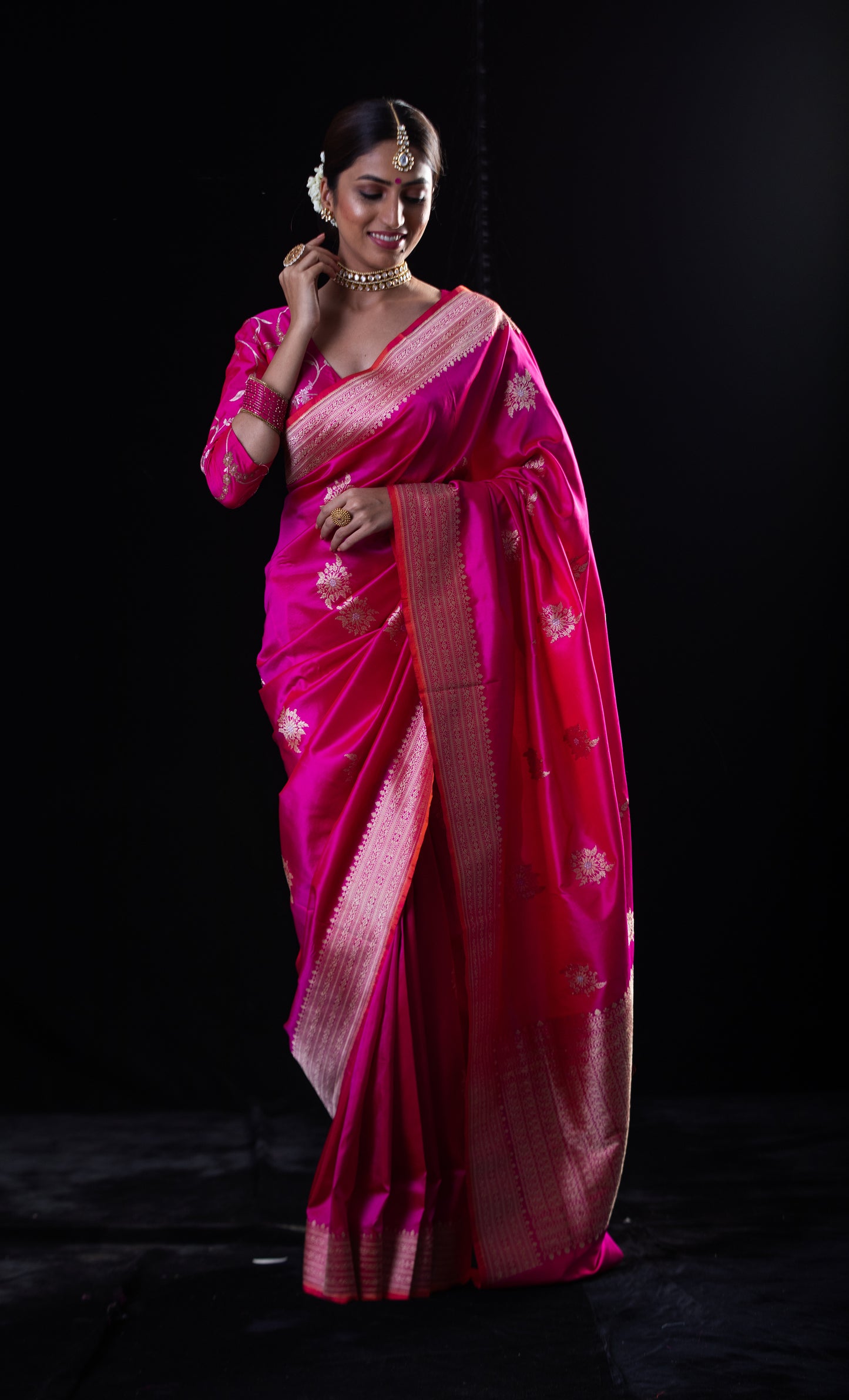 Rani Pink Colour Meenakari /Silver Jangle kadwa Weaving Handwoven Katan Mulbery Silk Saree