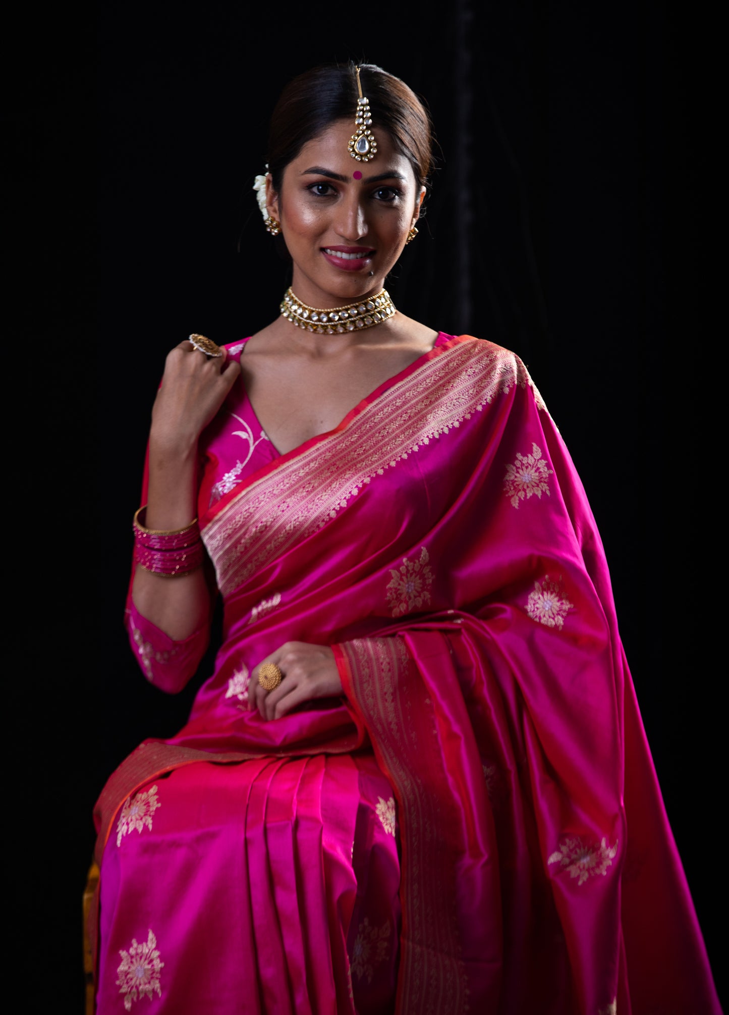 Rani Pink Colour Meenakari /Silver Jangle kadwa Weaving Handwoven Katan Mulbery Silk Saree