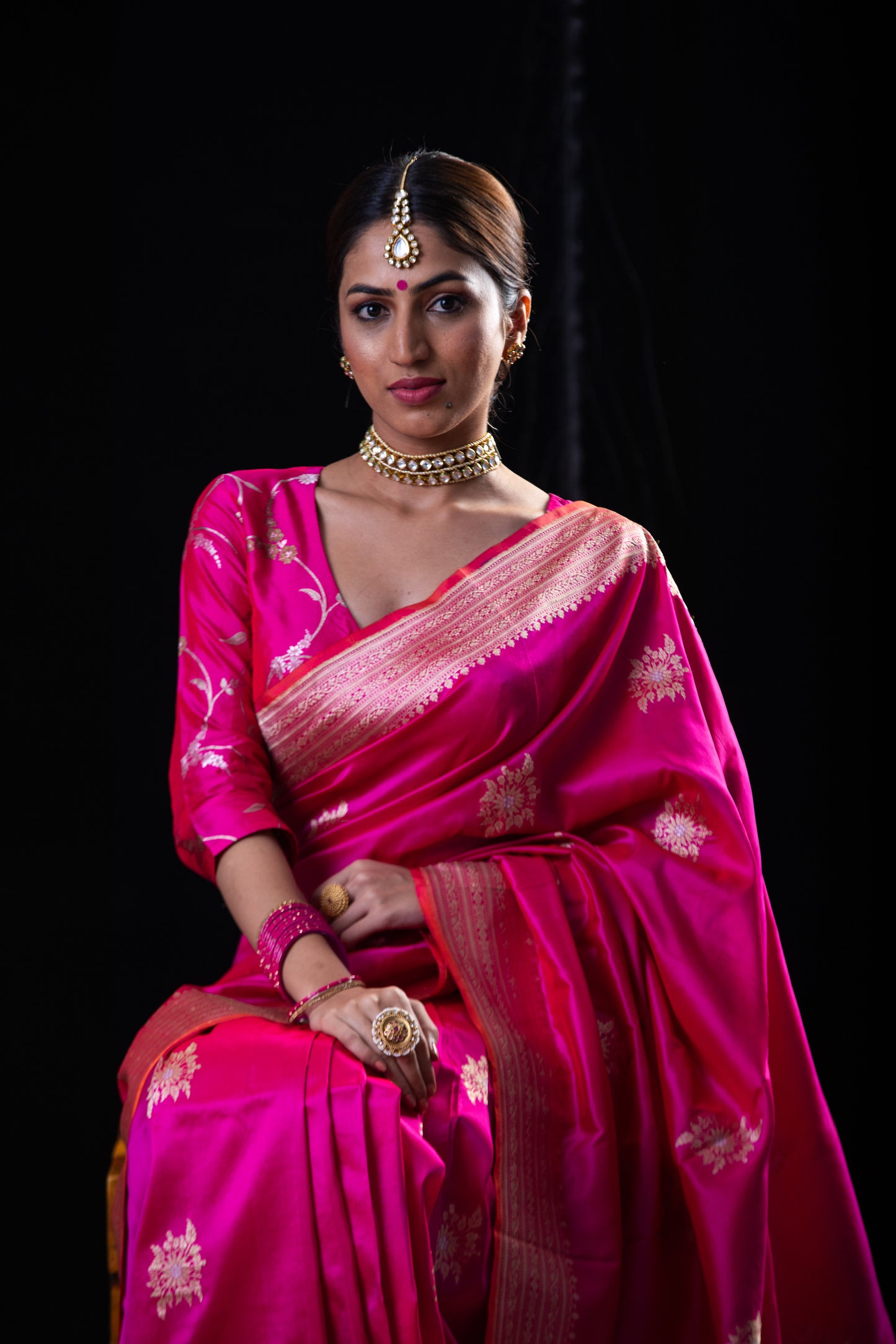 Rani Pink Colour Meenakari /Silver Jangle kadwa Weaving Handwoven Katan Mulbery Silk Saree
