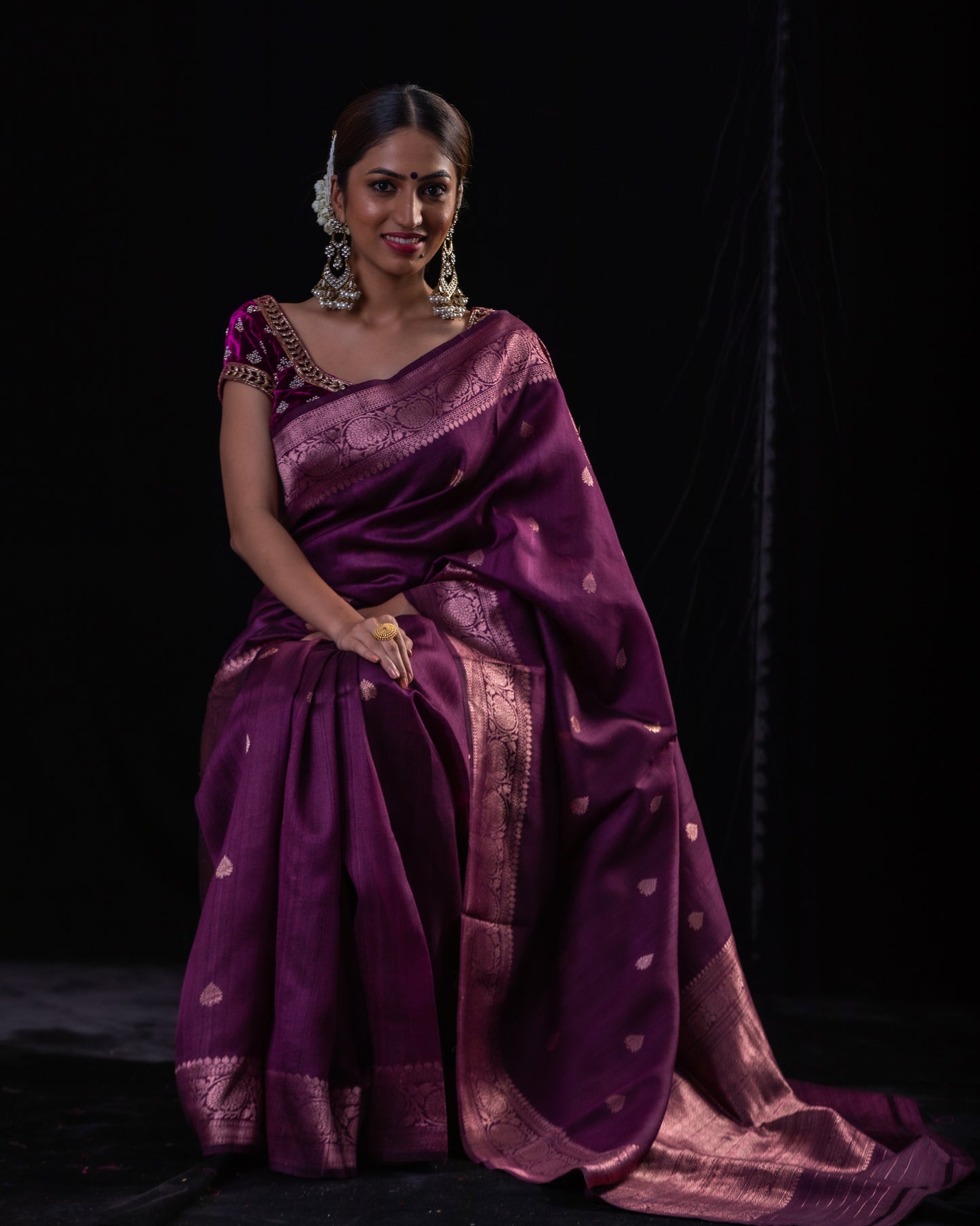 Magenta Handwoven Tussar Silk Kadwa Banarasi Saree