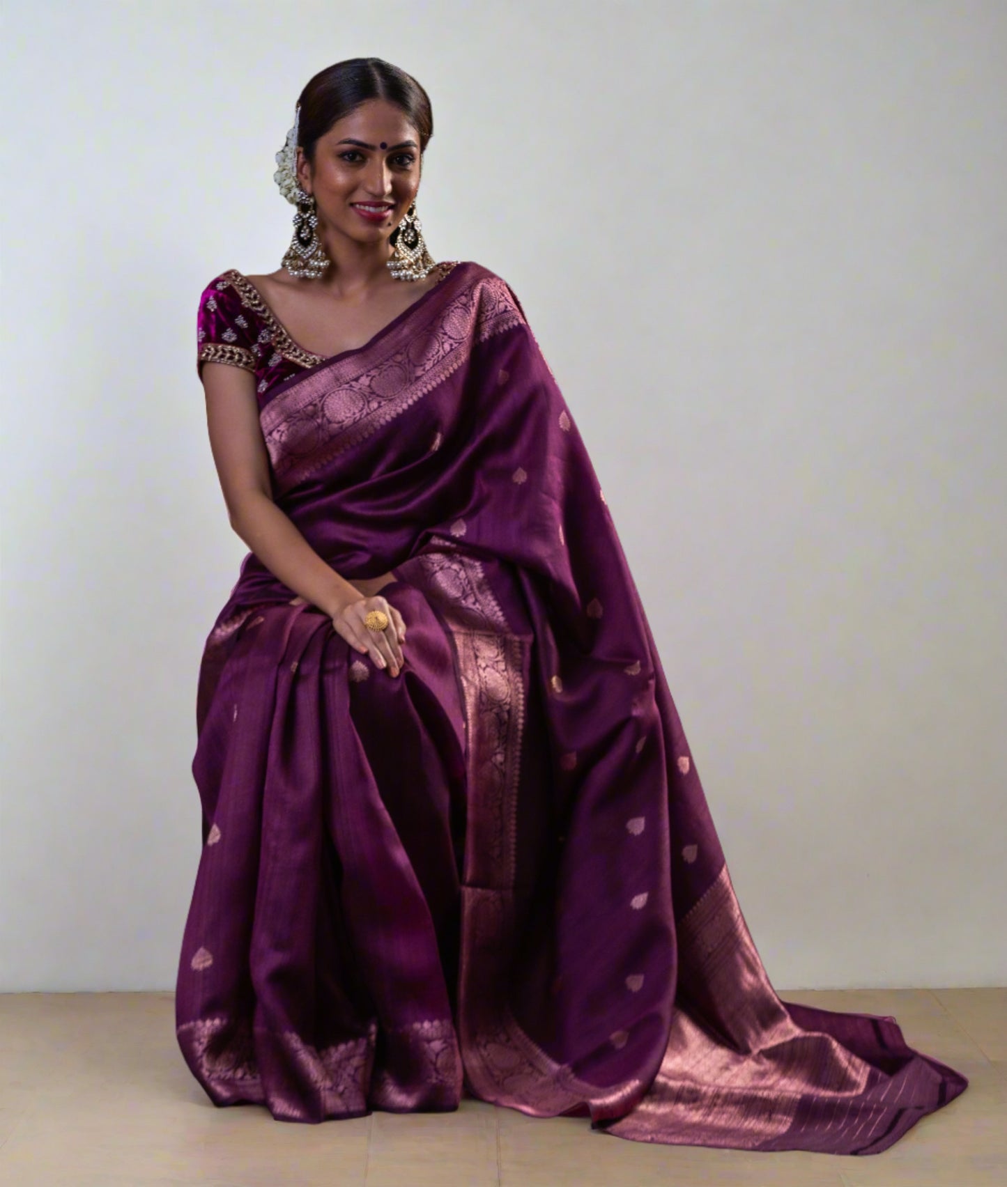 Magenta Handwoven Tussar Silk Kadwa Banarasi Saree