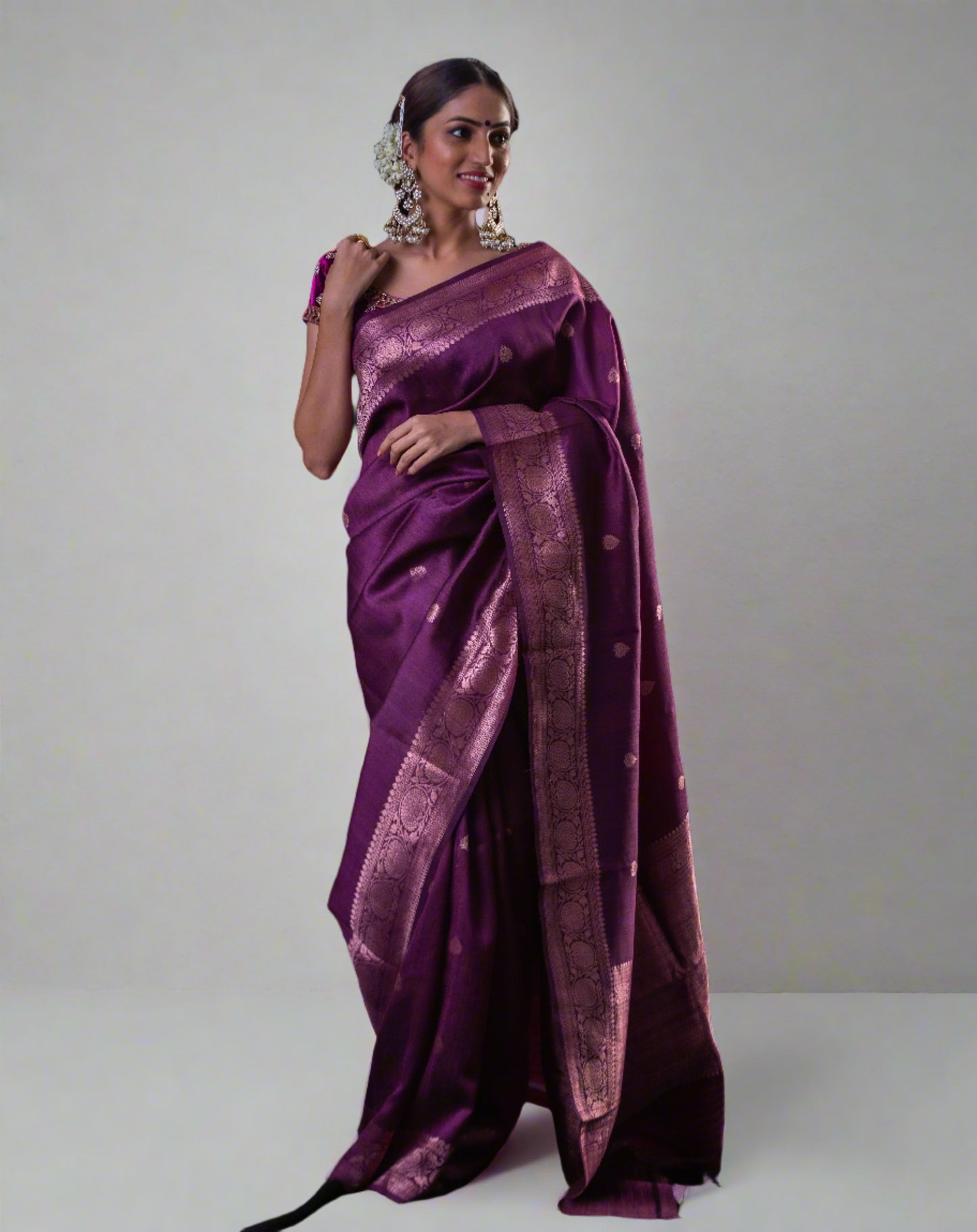 Magenta Handwoven Tussar Silk Kadwa Banarasi Saree