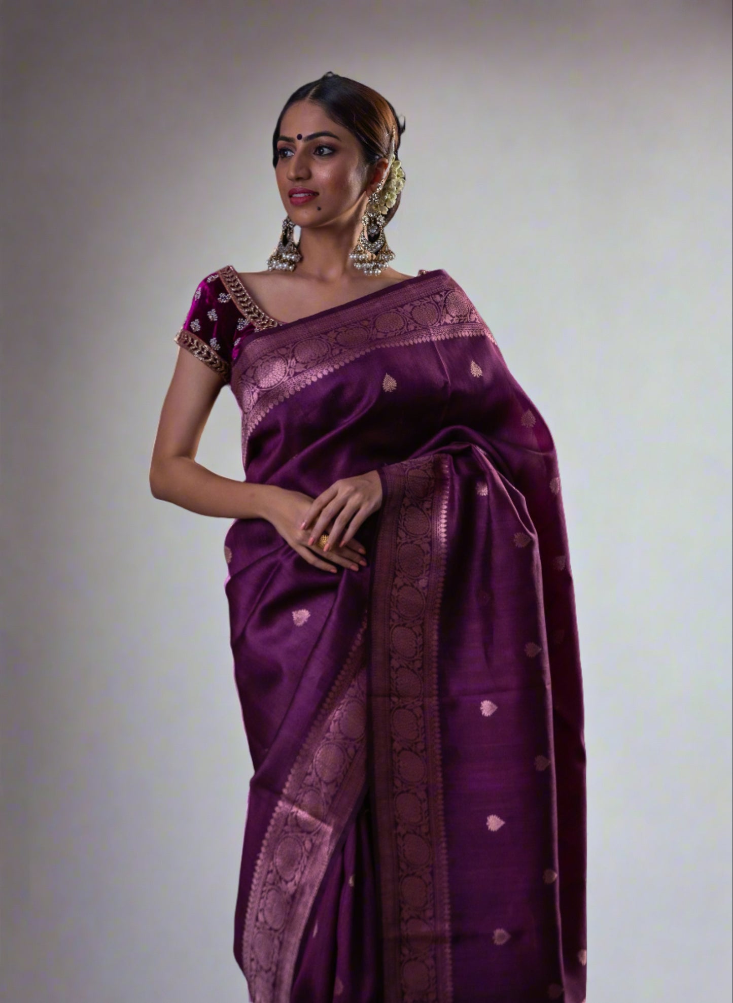 Magenta Handwoven Tussar Silk Kadwa Banarasi Saree