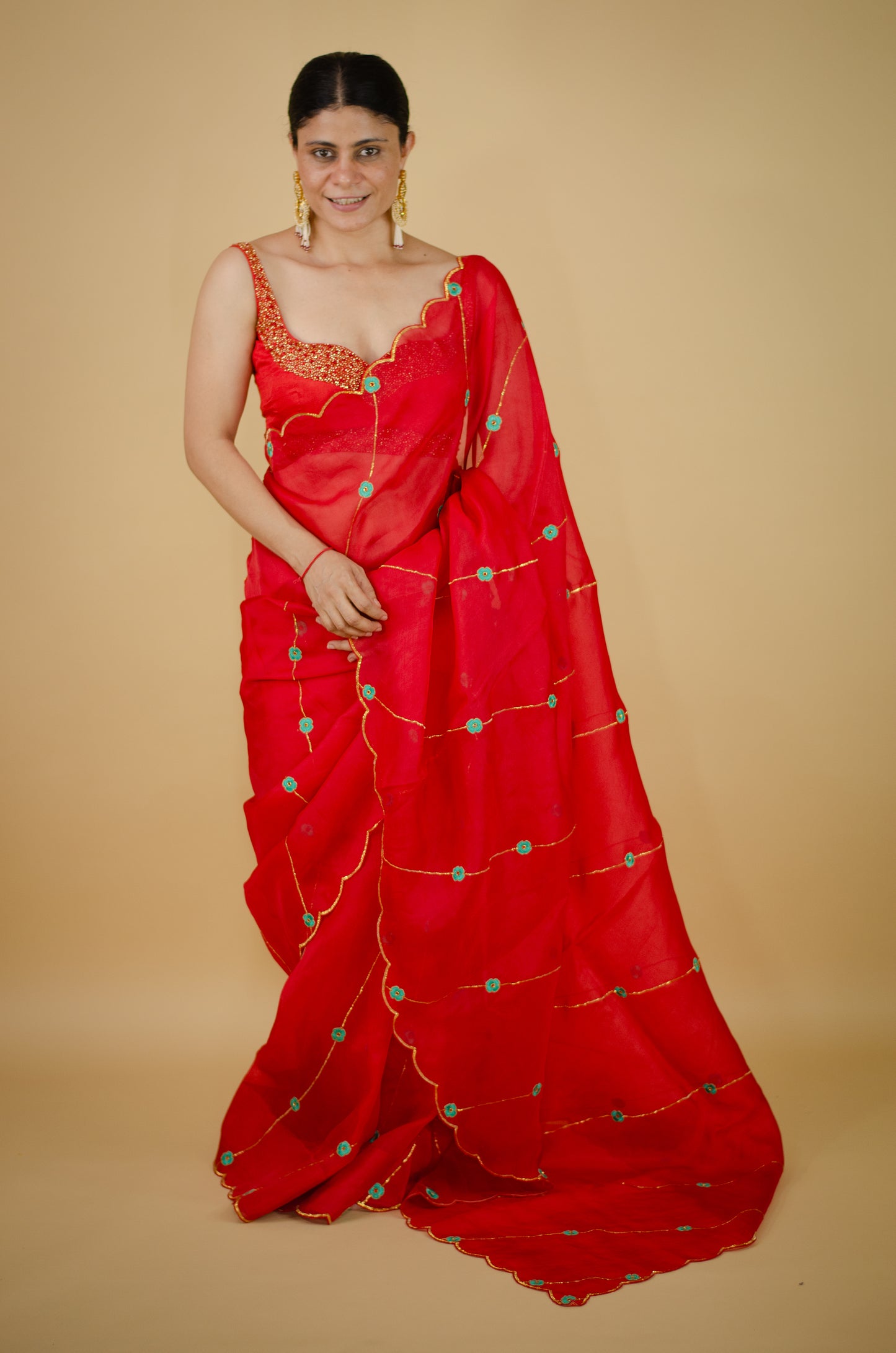 Sequence & Resham thread Hand Embroidered Handloom Organza Silk Saree.
