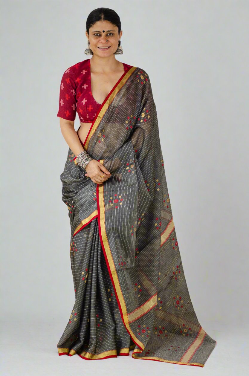 Handloom Cotton Silk Chanderi Saree With Woven Thread & Zari Motifs.
