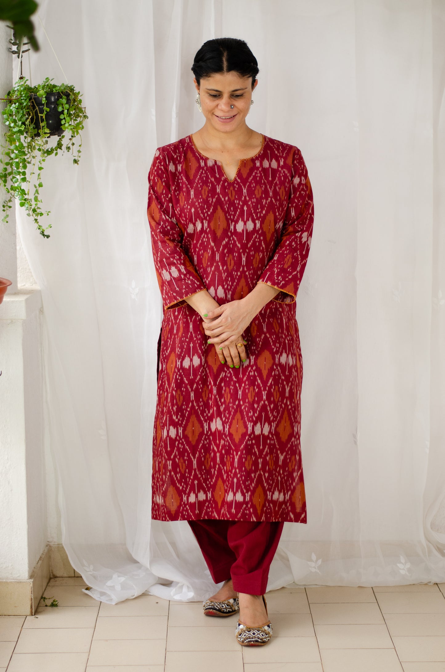 Handloom ikat straight cut kurta with handwoven cotton salwar set.