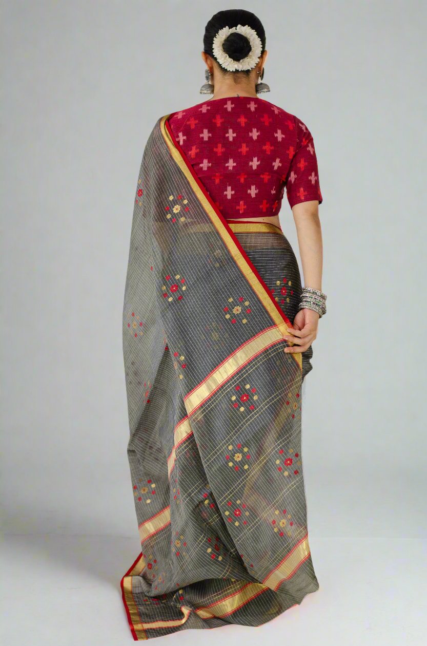 Handloom Cotton Silk Chanderi Saree With Woven Thread & Zari Motifs.