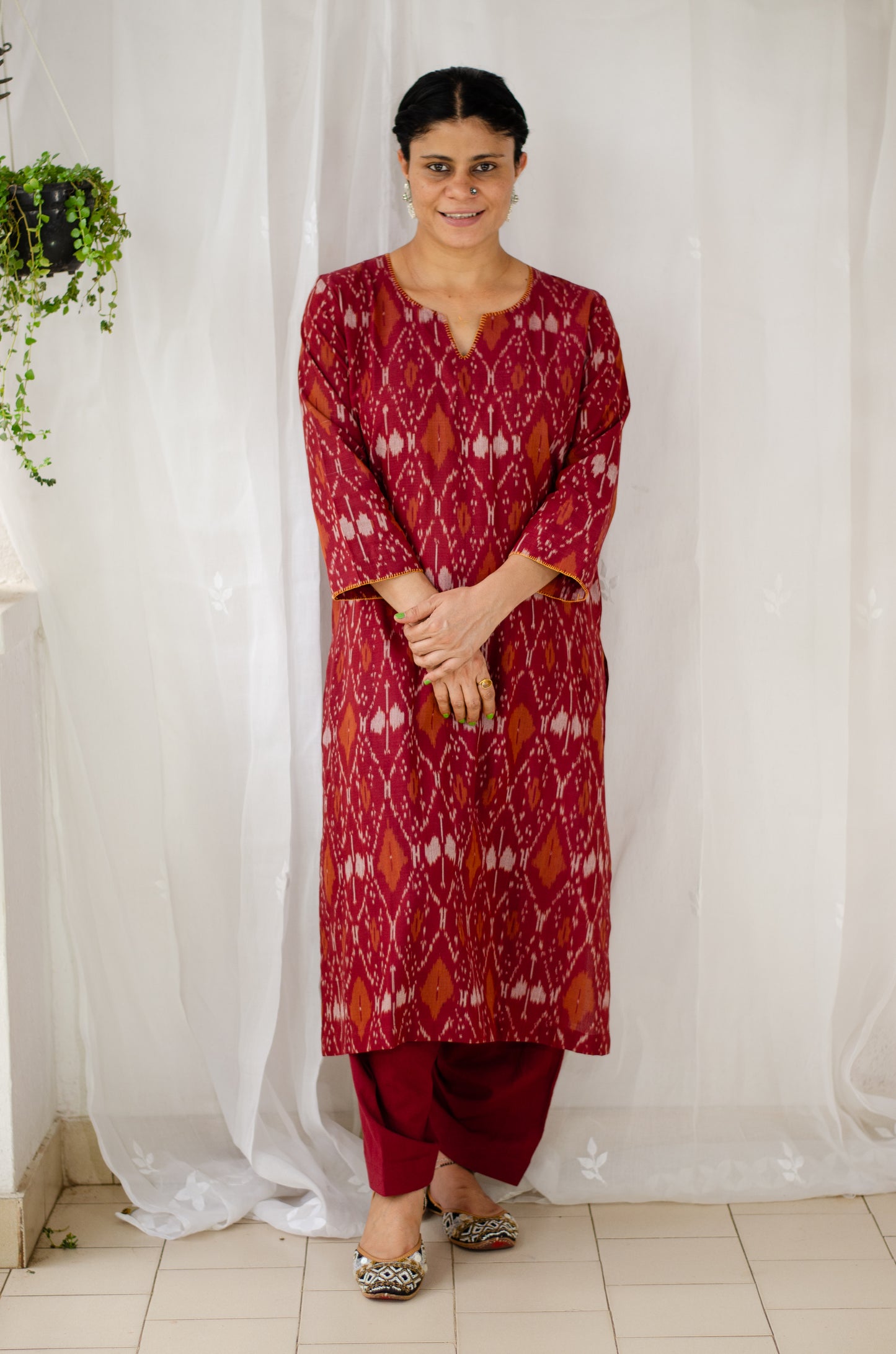 Handloom ikat straight cut kurta with handwoven cotton salwar set.