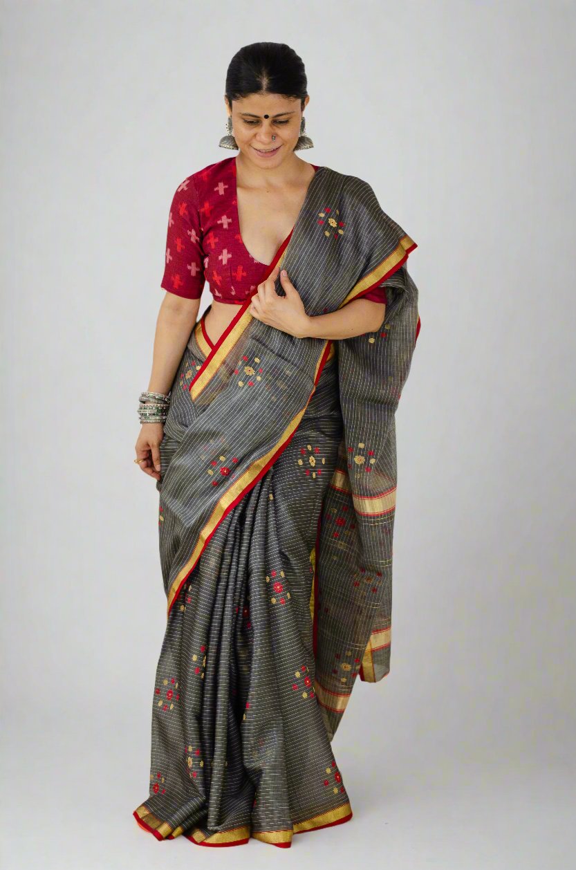 Handloom Cotton Silk Chanderi Saree With Woven Thread & Zari Motifs.