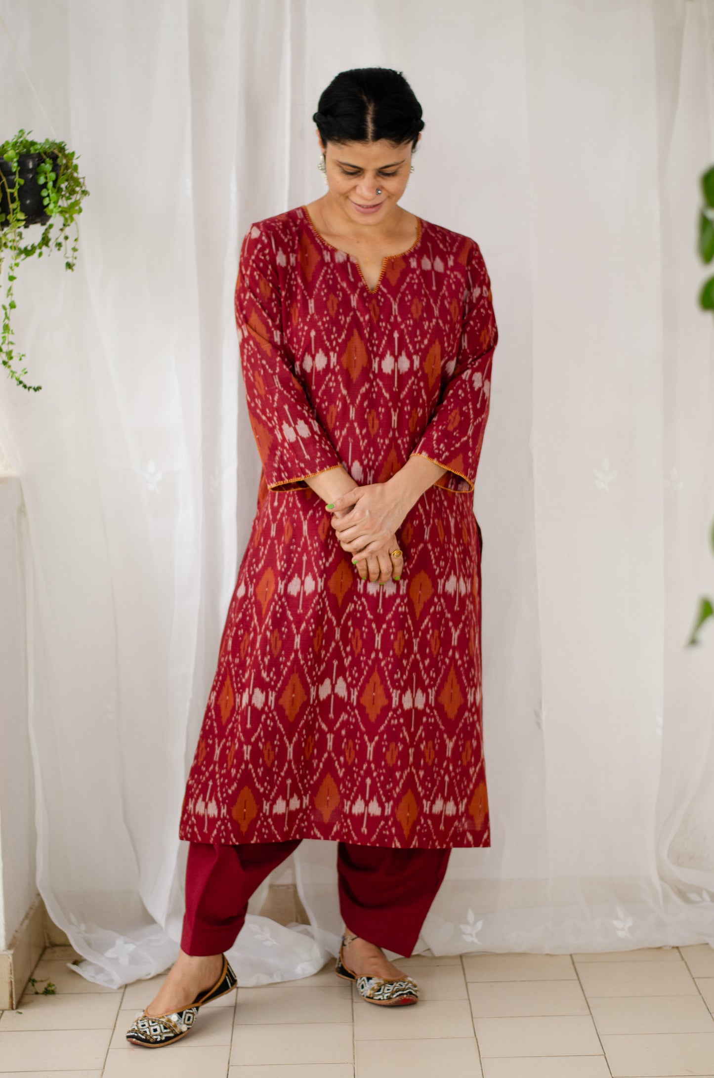 Handloom ikat straight cut kurta with handwoven cotton salwar set.
