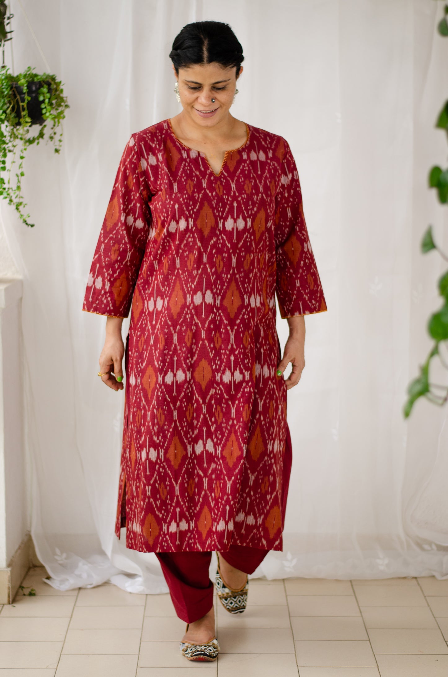 Handloom ikat straight cut kurta with handwoven cotton salwar set.