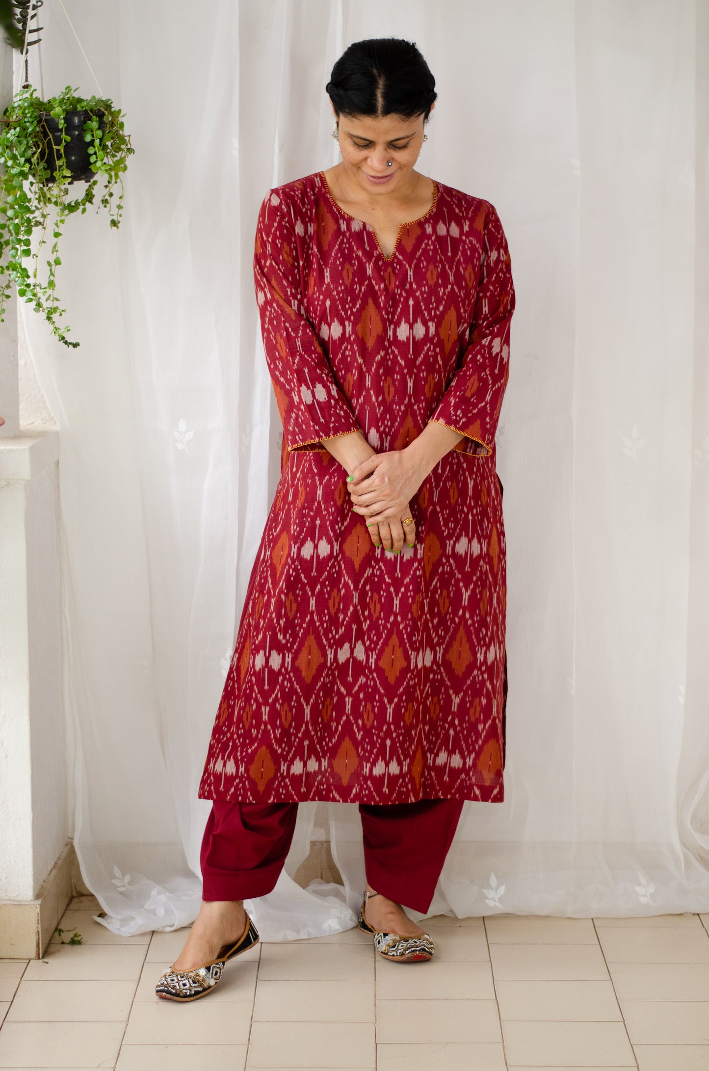Handloom ikat straight cut kurta with handwoven cotton salwar set.