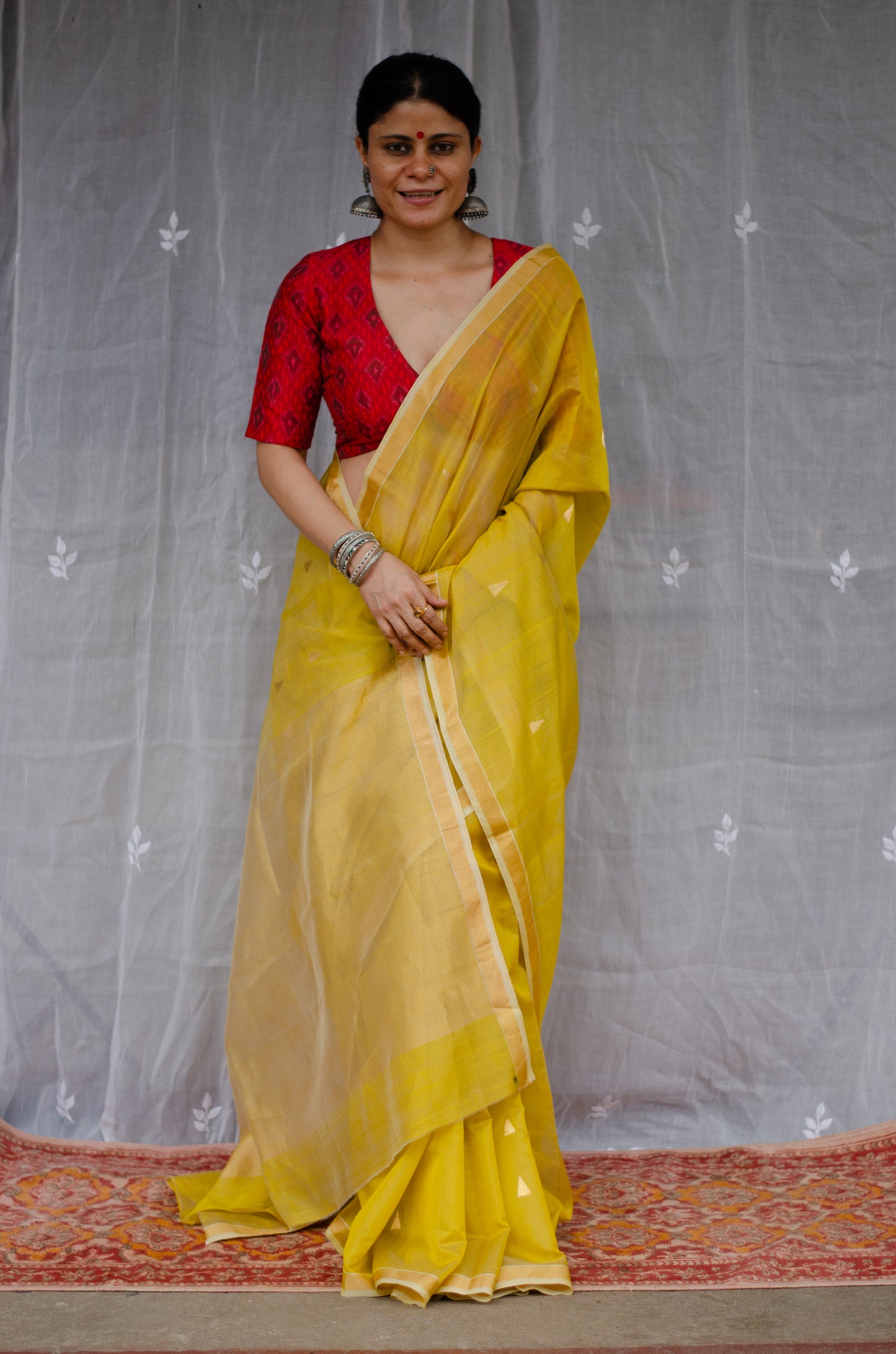 Handloom Cotton Silk Chanderi Saree With Woven Border With Motifs.