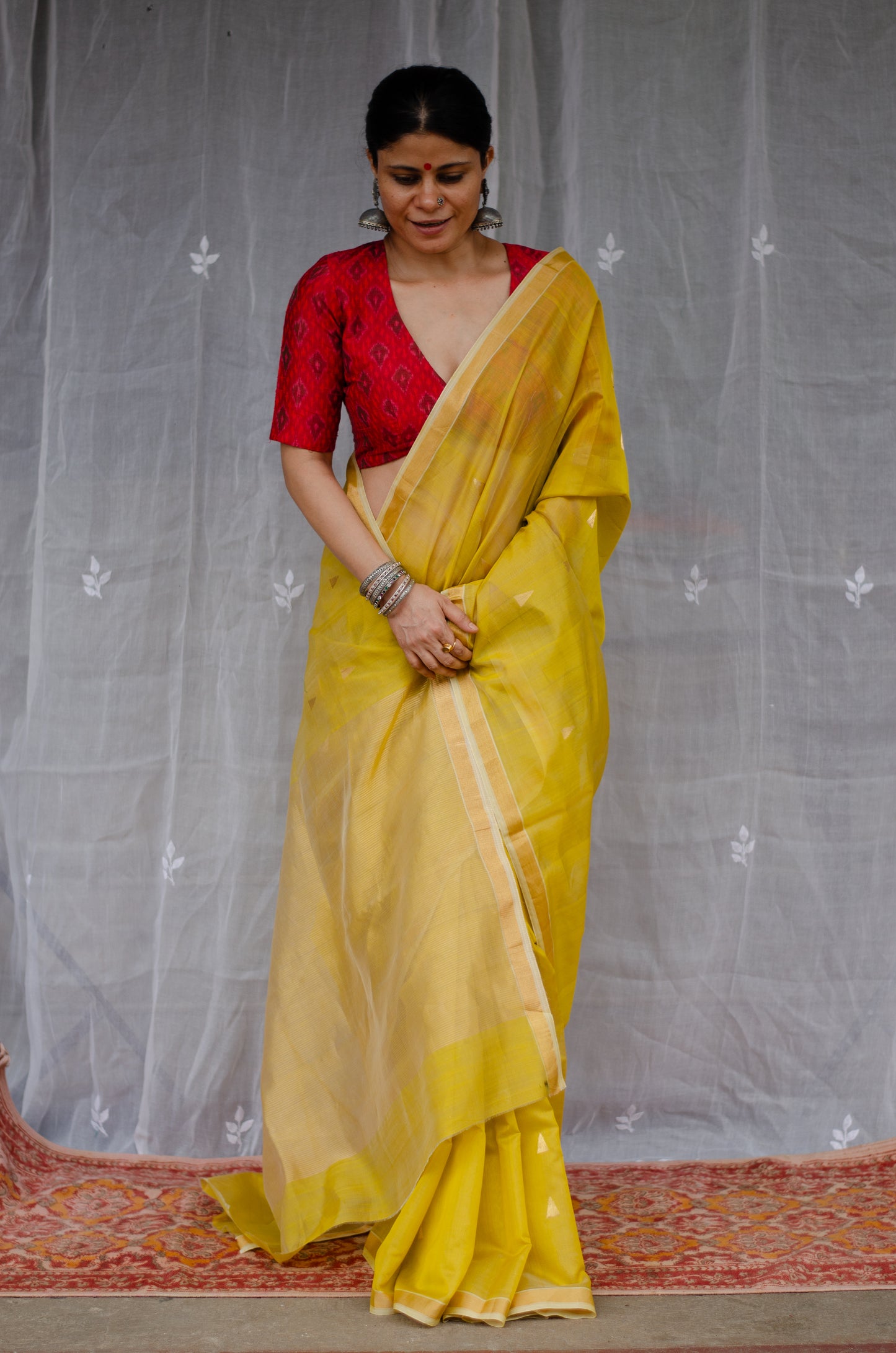 Handloom Cotton Silk Chanderi Saree With Woven Border With Motifs.