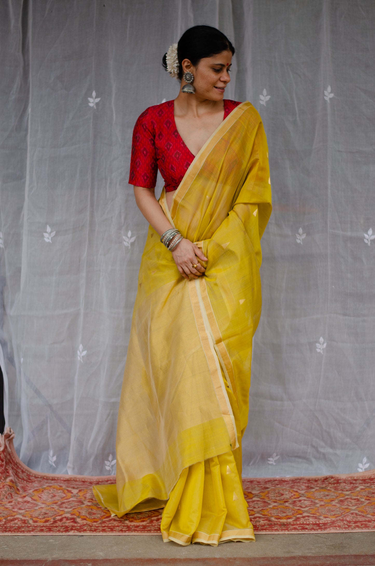 Handloom Cotton Silk Chanderi Saree With Woven Border With Motifs.