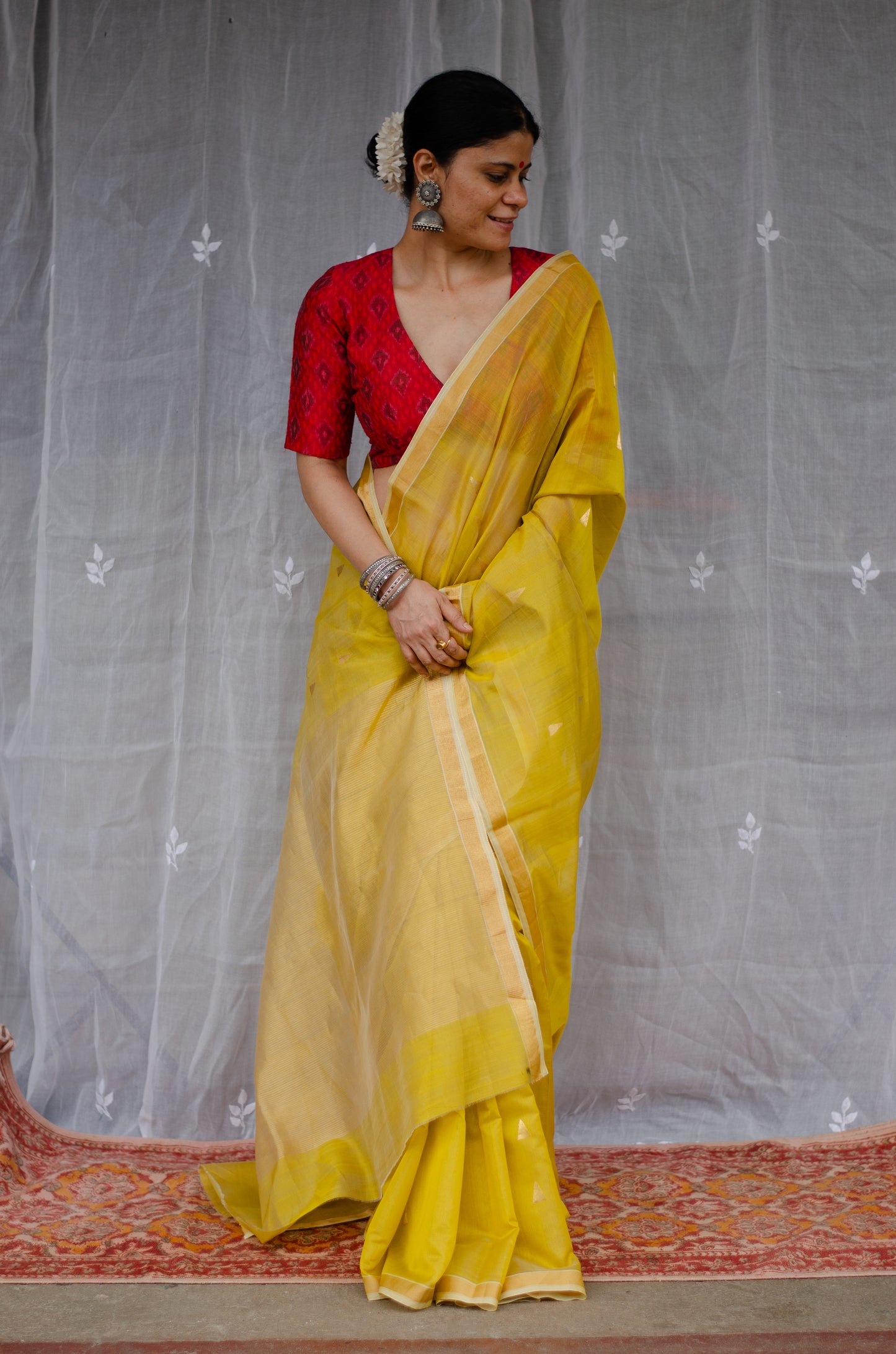 Handloom Cotton Silk Chanderi Saree With Woven Border With Motifs.