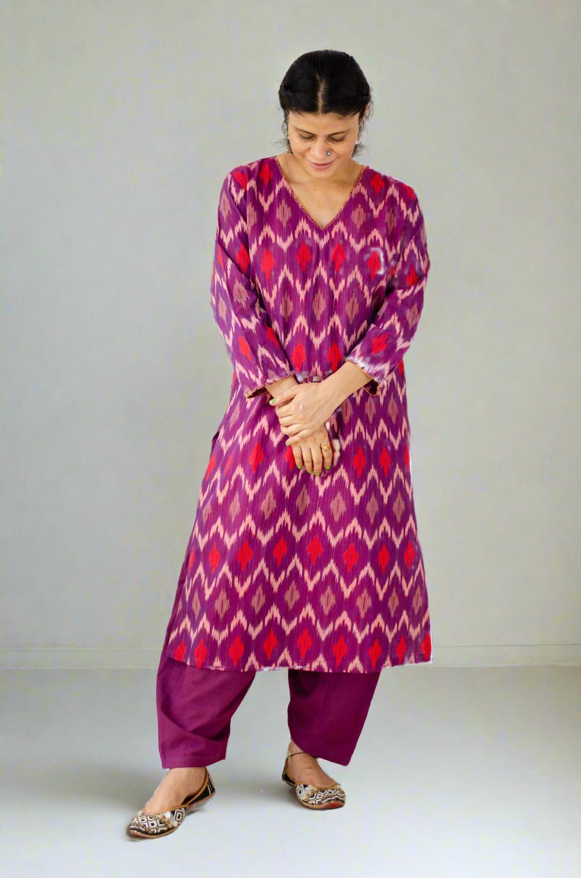 Handloom ikat straight cut kurta with handwoven cotton salwar set.