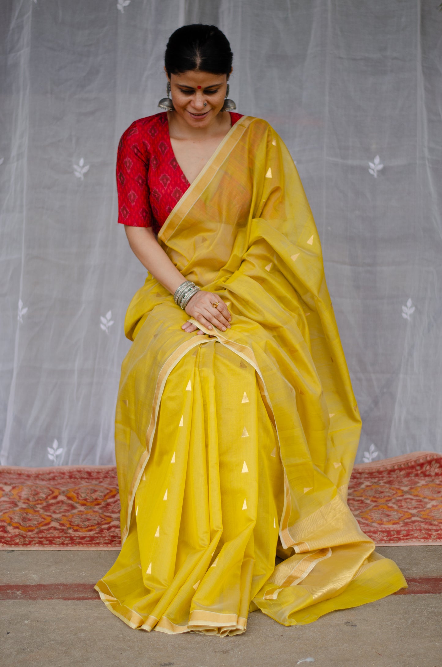 Handloom Cotton Silk Chanderi Saree With Woven Border With Motifs.