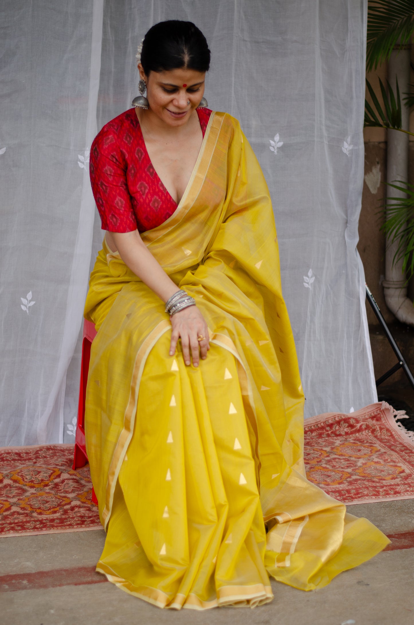 Handloom Cotton Silk Chanderi Saree With Woven Border With Motifs.