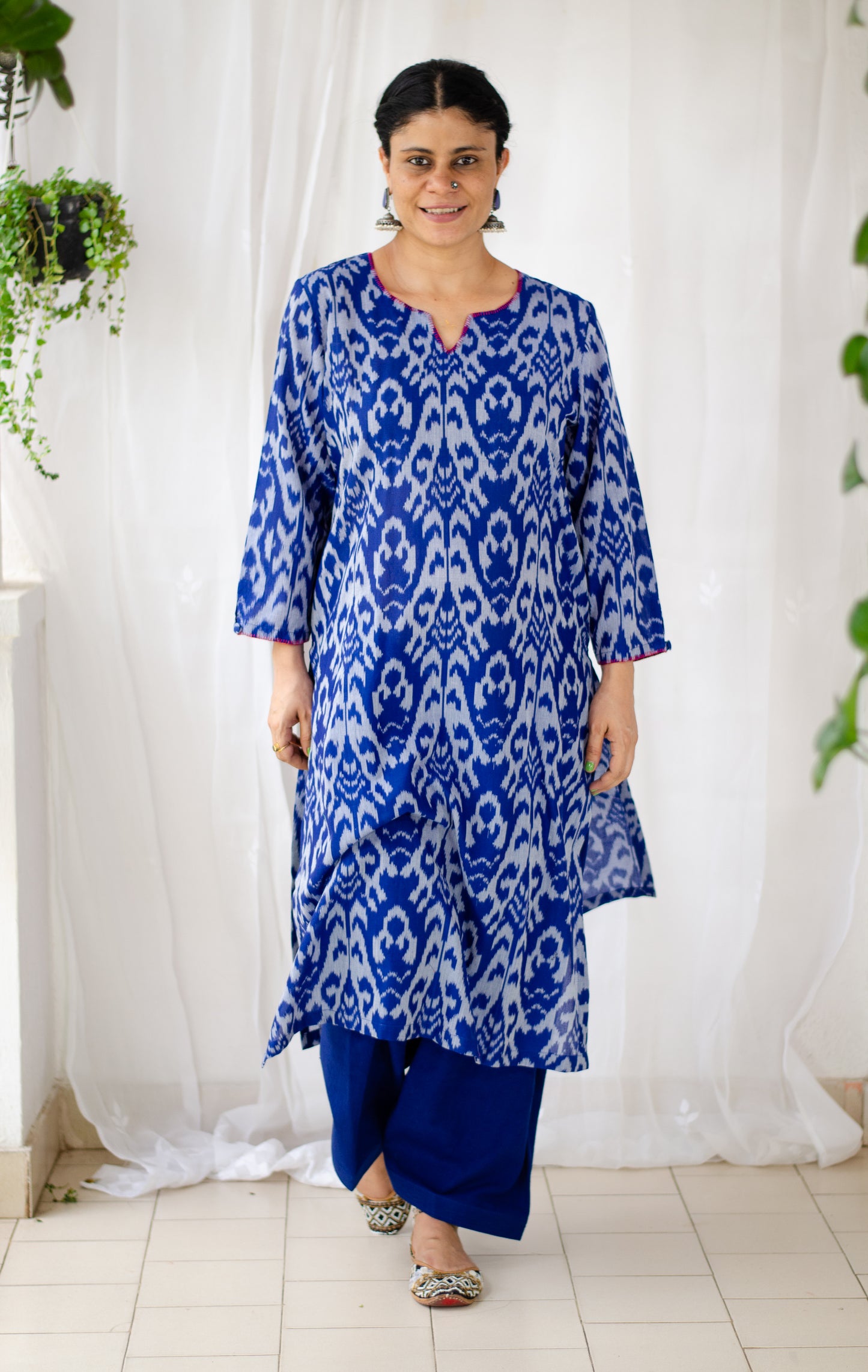 Handloom ikat straight cut kurta with handwoven cotton salwar set.