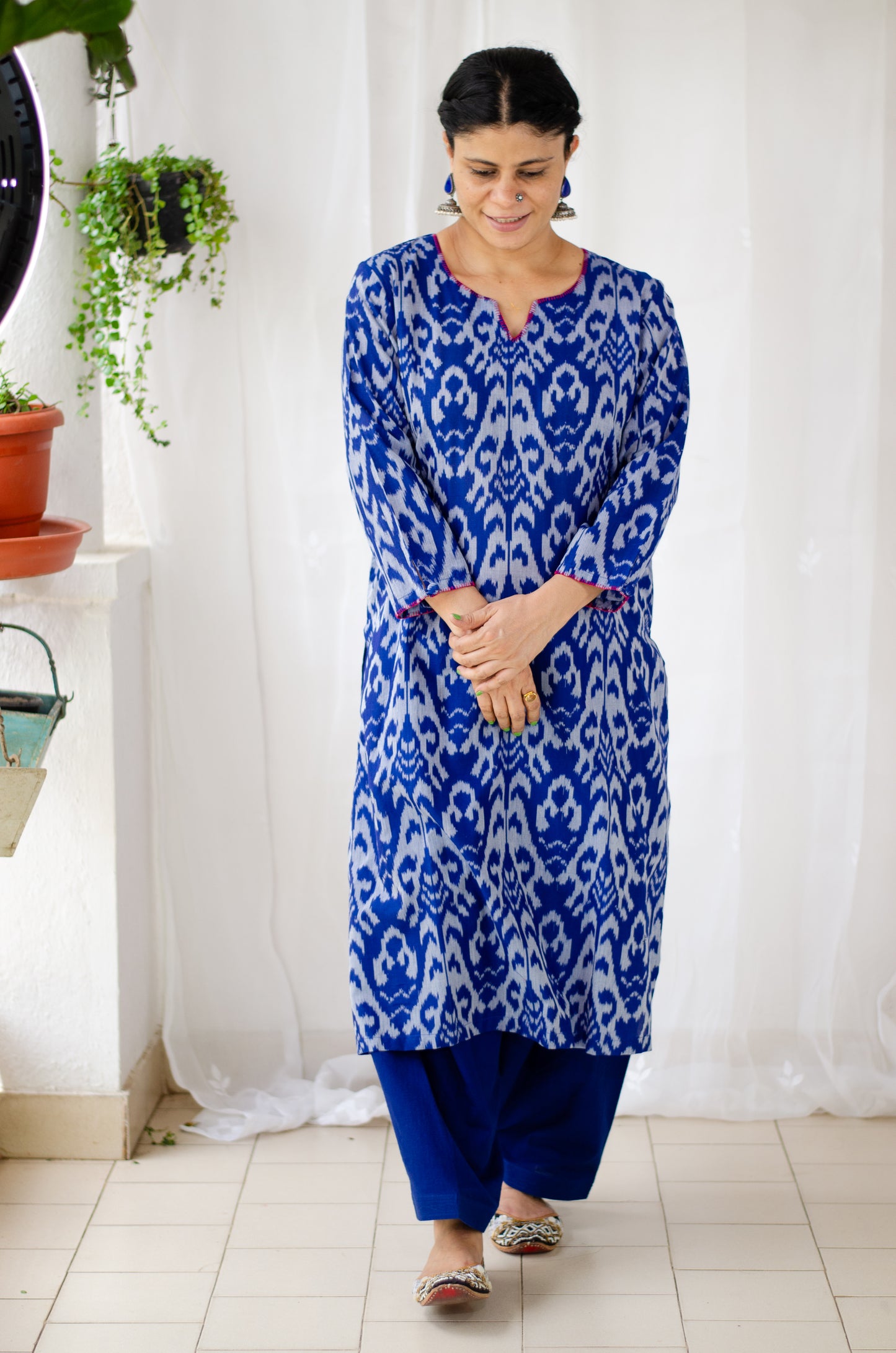 Handloom ikat straight cut kurta with handwoven cotton salwar set.
