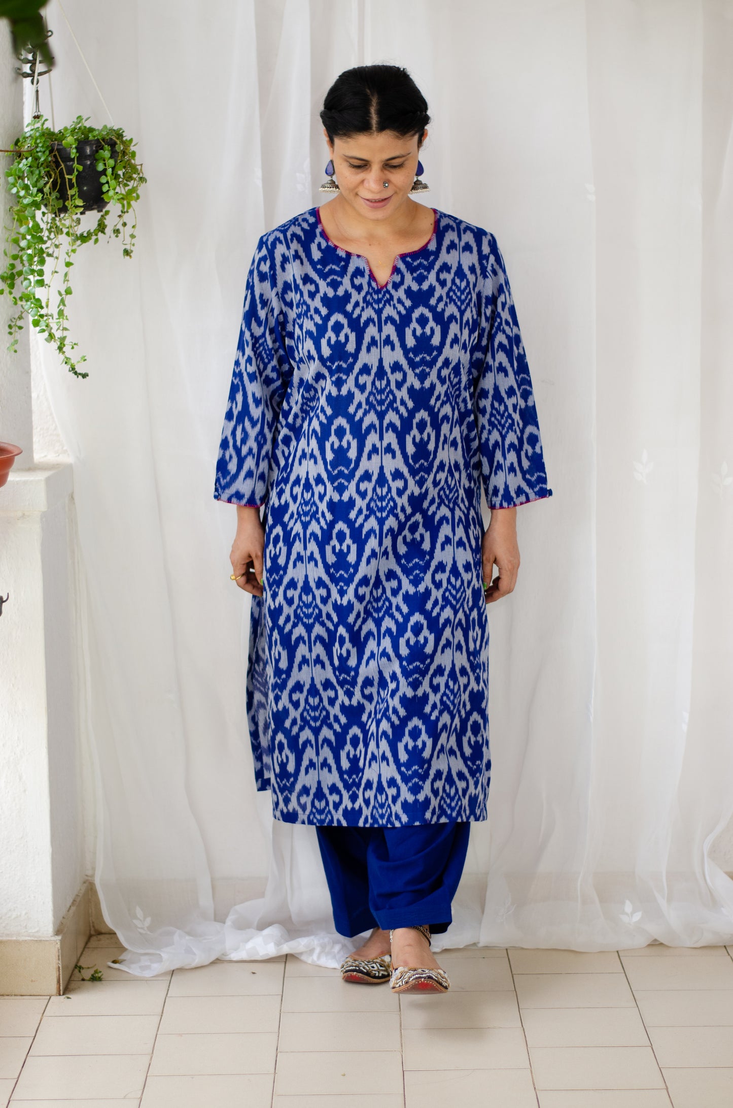 Handloom ikat straight cut kurta with handwoven cotton salwar set.