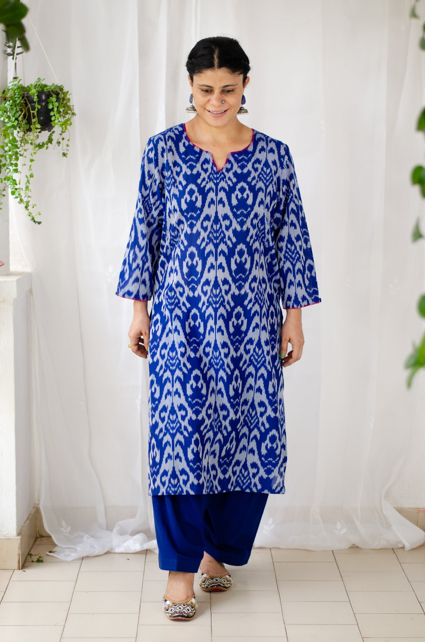 Handloom ikat straight cut kurta with handwoven cotton salwar set.