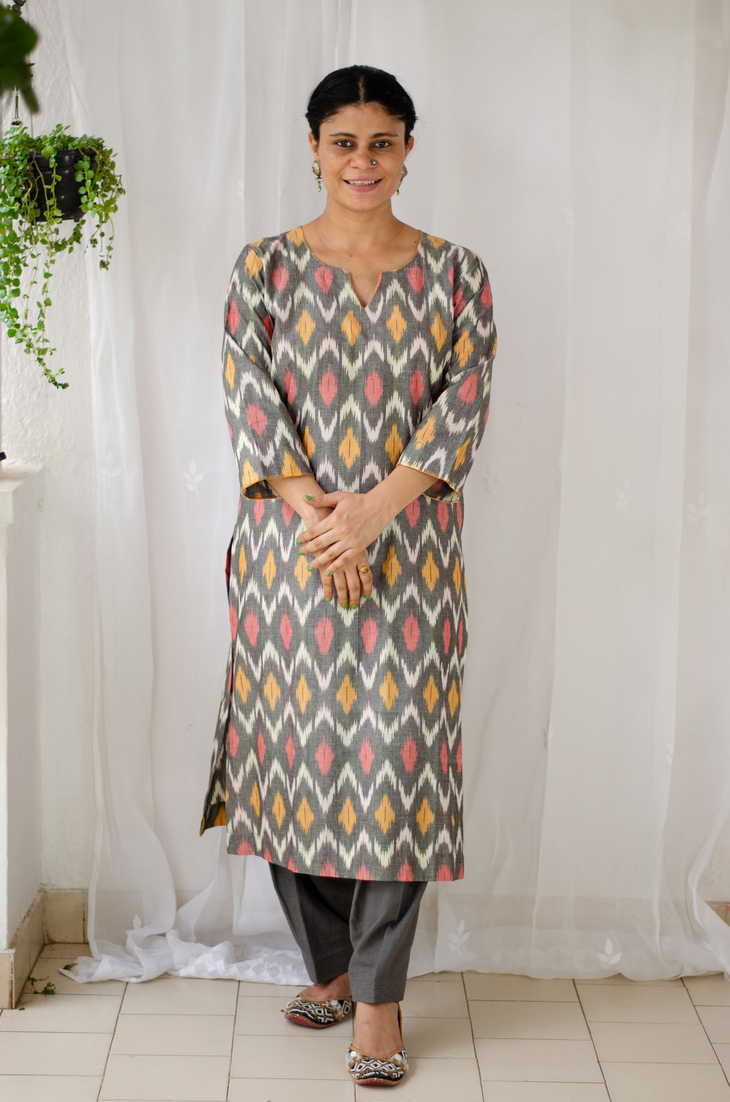 Handloom ikat straight cut kurta with handwoven cotton salwar set.