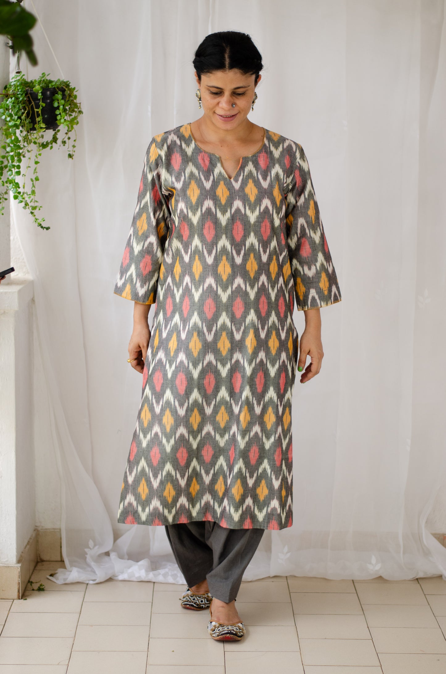 Handloom ikat straight cut kurta with handwoven cotton salwar set.