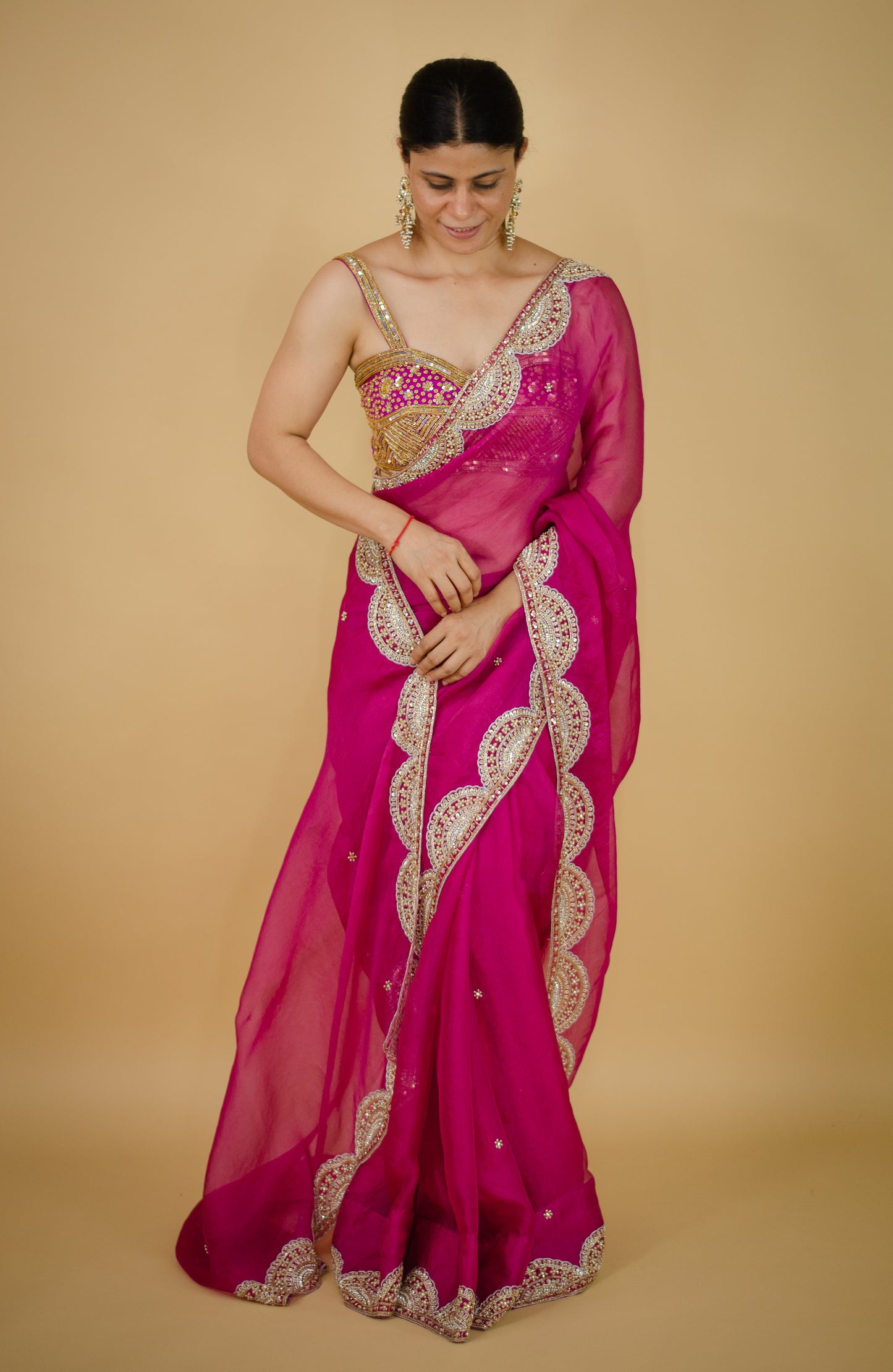 Zardosi and Sequence and Beads Hand Embroidered Handloom Organza Silk Saree