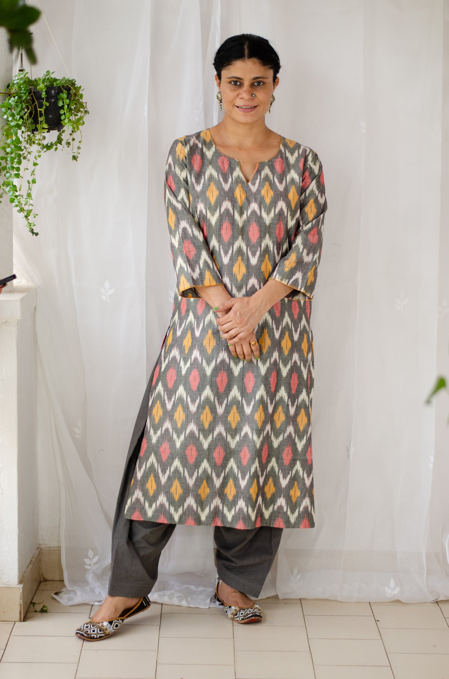 Handloom ikat straight cut kurta with handwoven cotton salwar set.