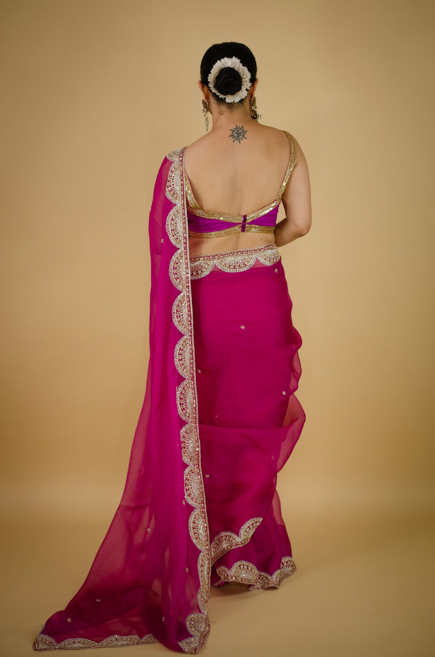 Zardosi and Sequence and Beads Hand Embroidered Handloom Organza Silk Saree