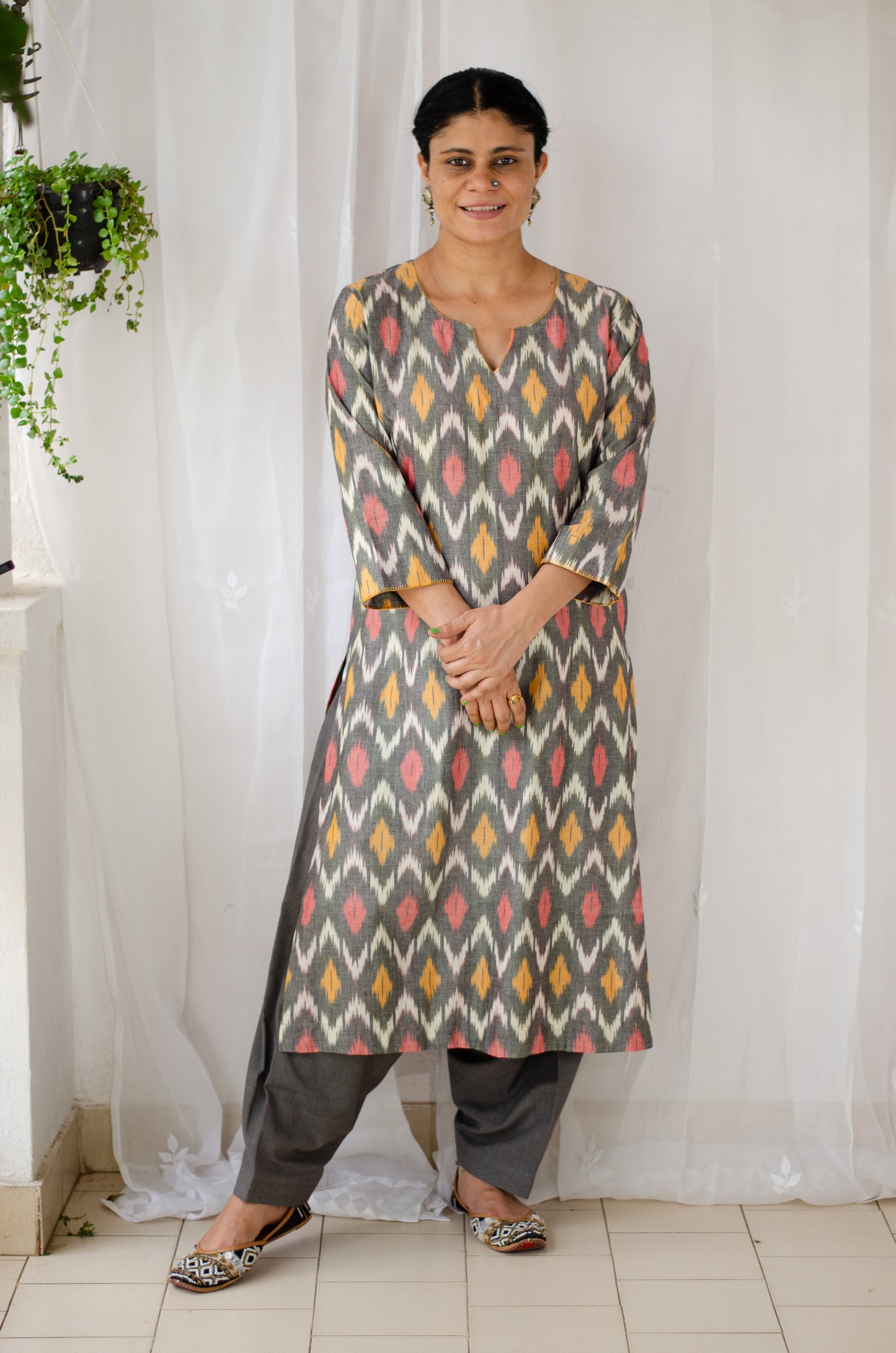 Handloom ikat straight cut kurta with handwoven cotton salwar set.