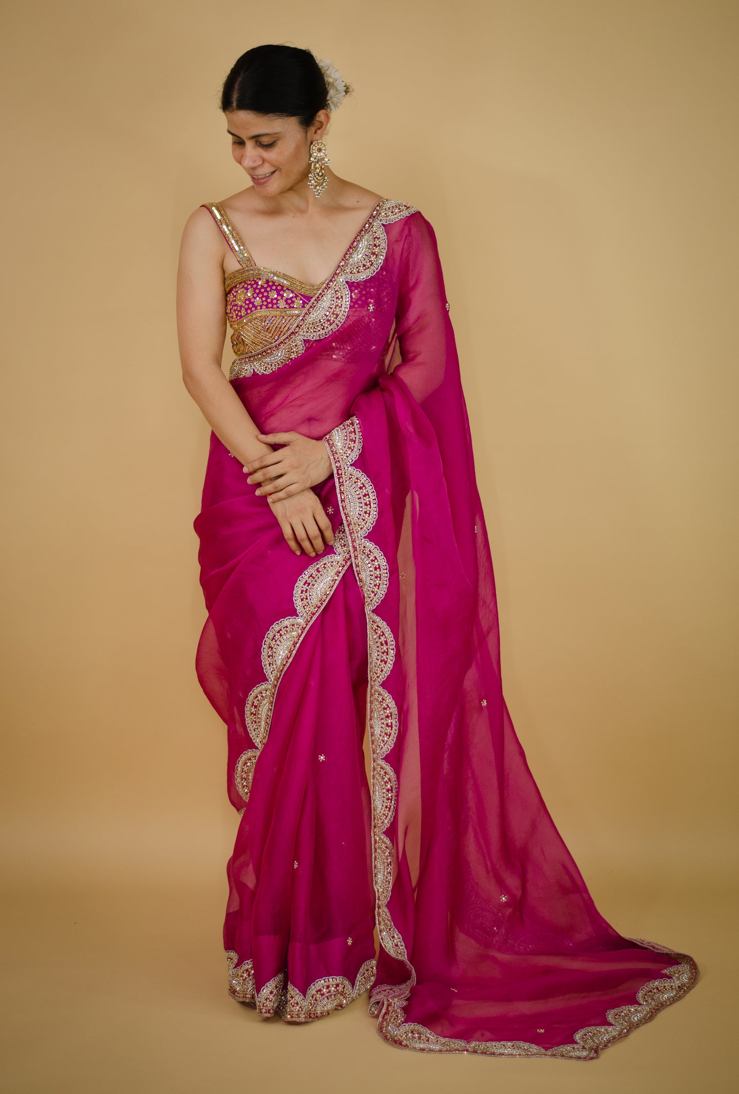 Zardosi and Sequence and Beads Hand Embroidered Handloom Organza Silk Saree
