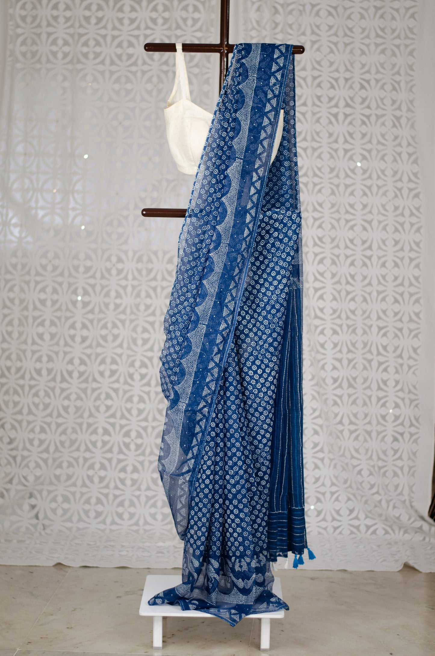 Handblock & Hand Embroidered Printed Kota Doria Saree
