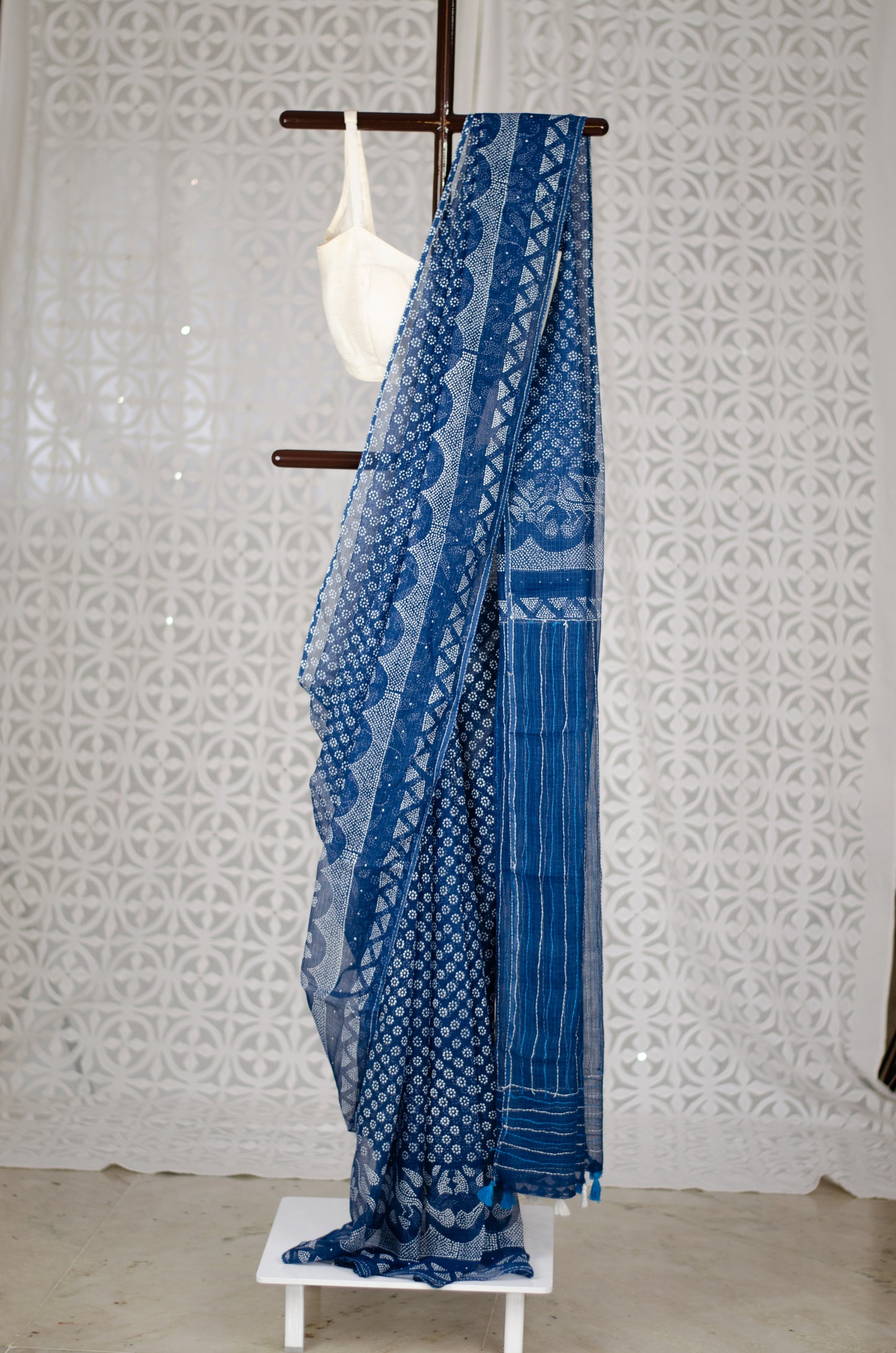 Handblock & Hand Embroidered Printed Kota Doria Saree