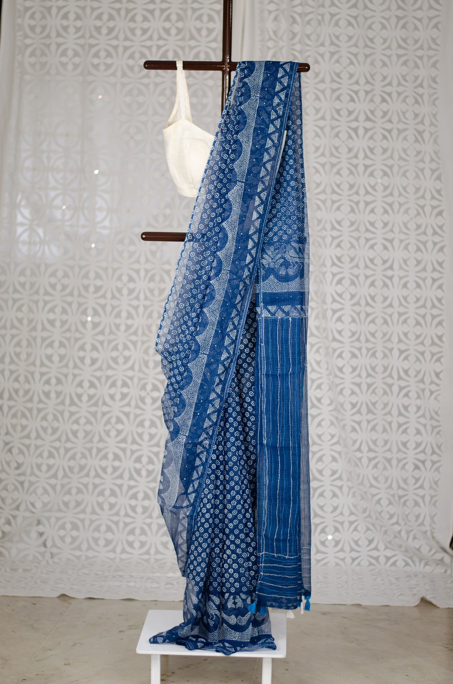 Handblock & Hand Embroidered Printed Kota Doria Saree