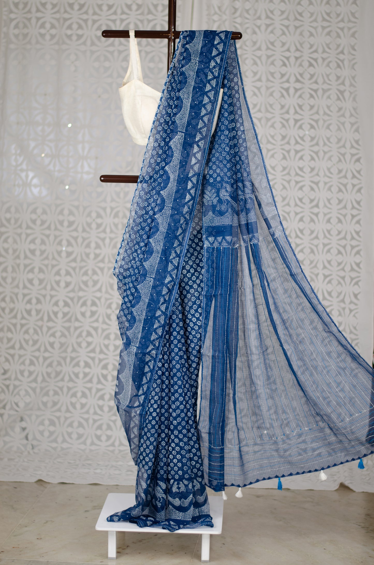 Handblock & Hand Embroidered Printed Kota Doria Saree