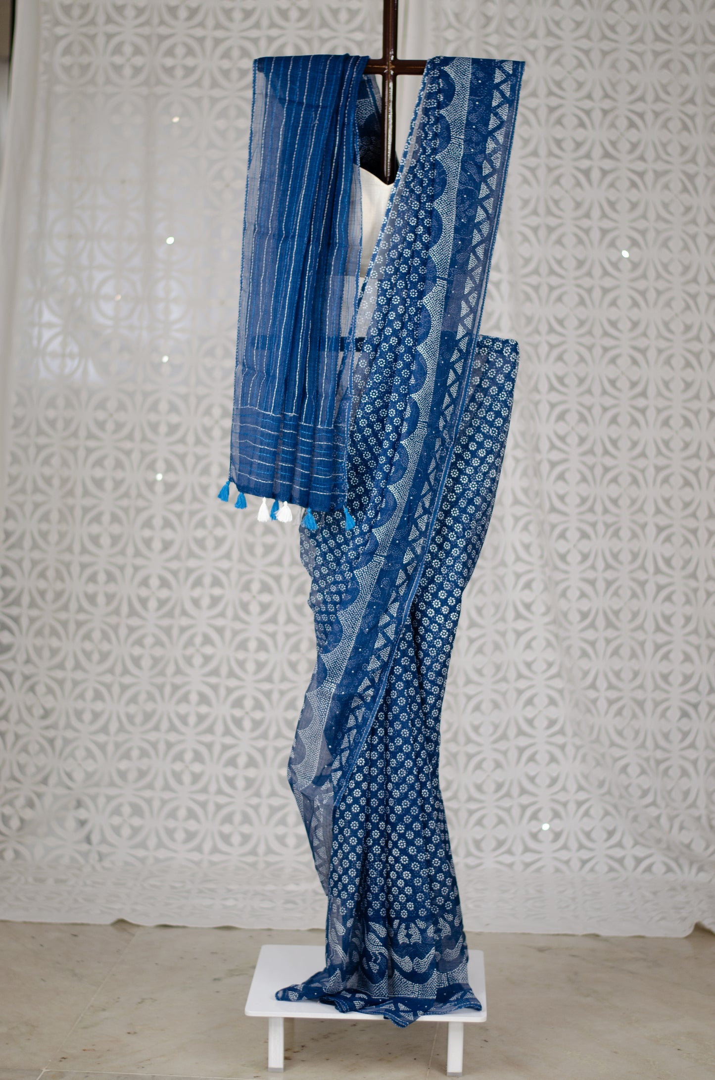 Handblock & Hand Embroidered Printed Kota Doria Saree