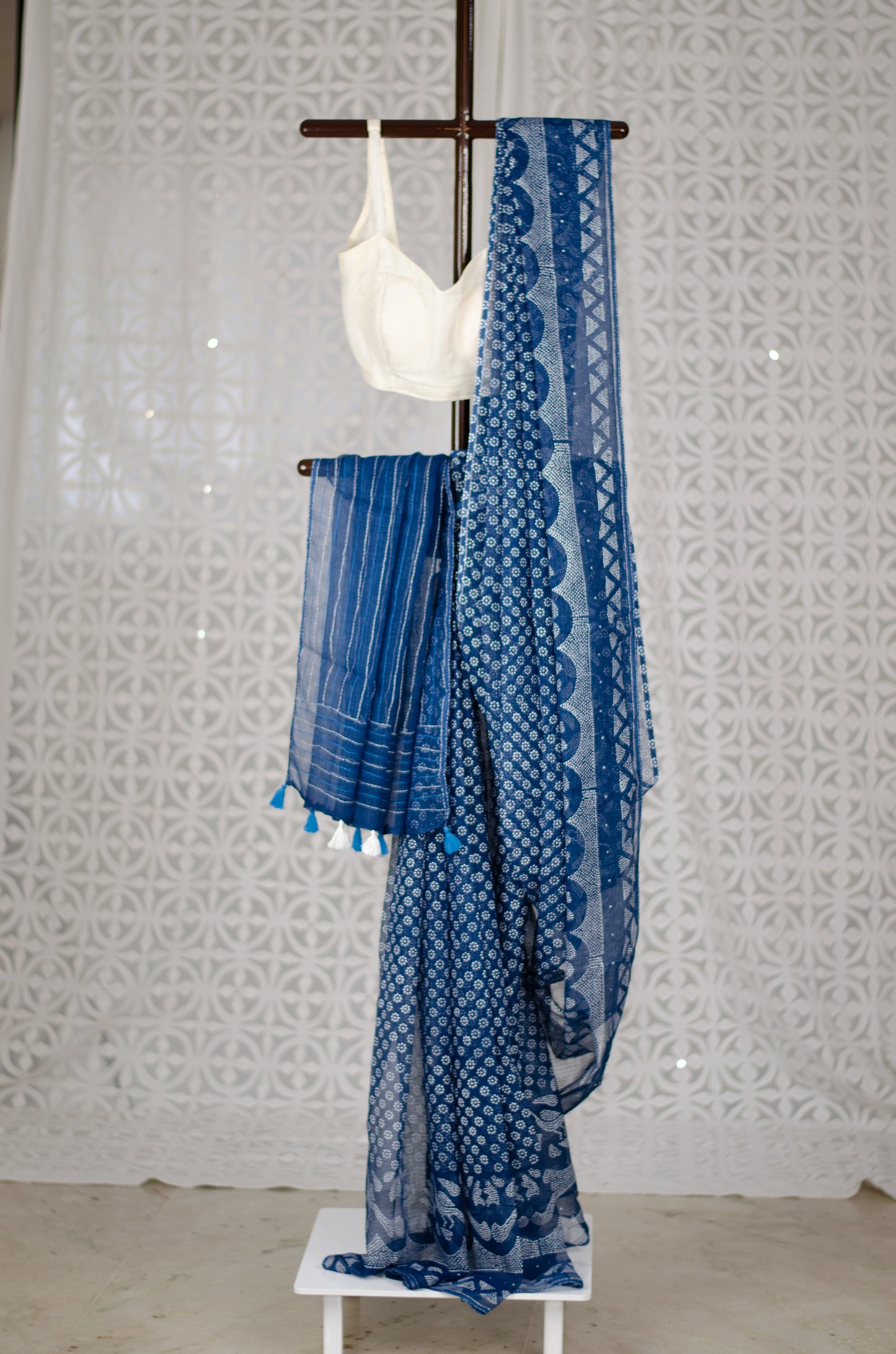 Handblock & Hand Embroidered Printed Kota Doria Saree