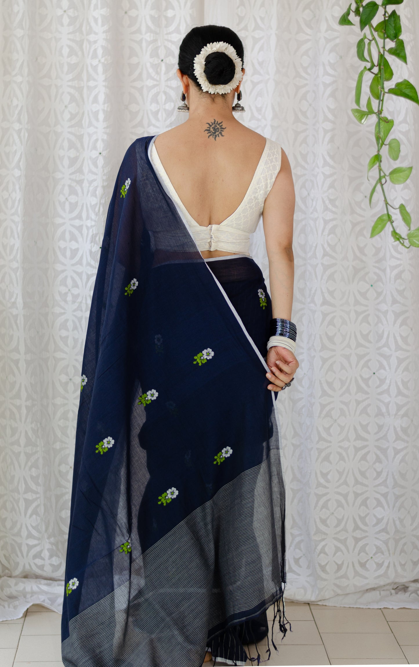 Handblock & Hand Embroidered Printed Kota Doria Saree