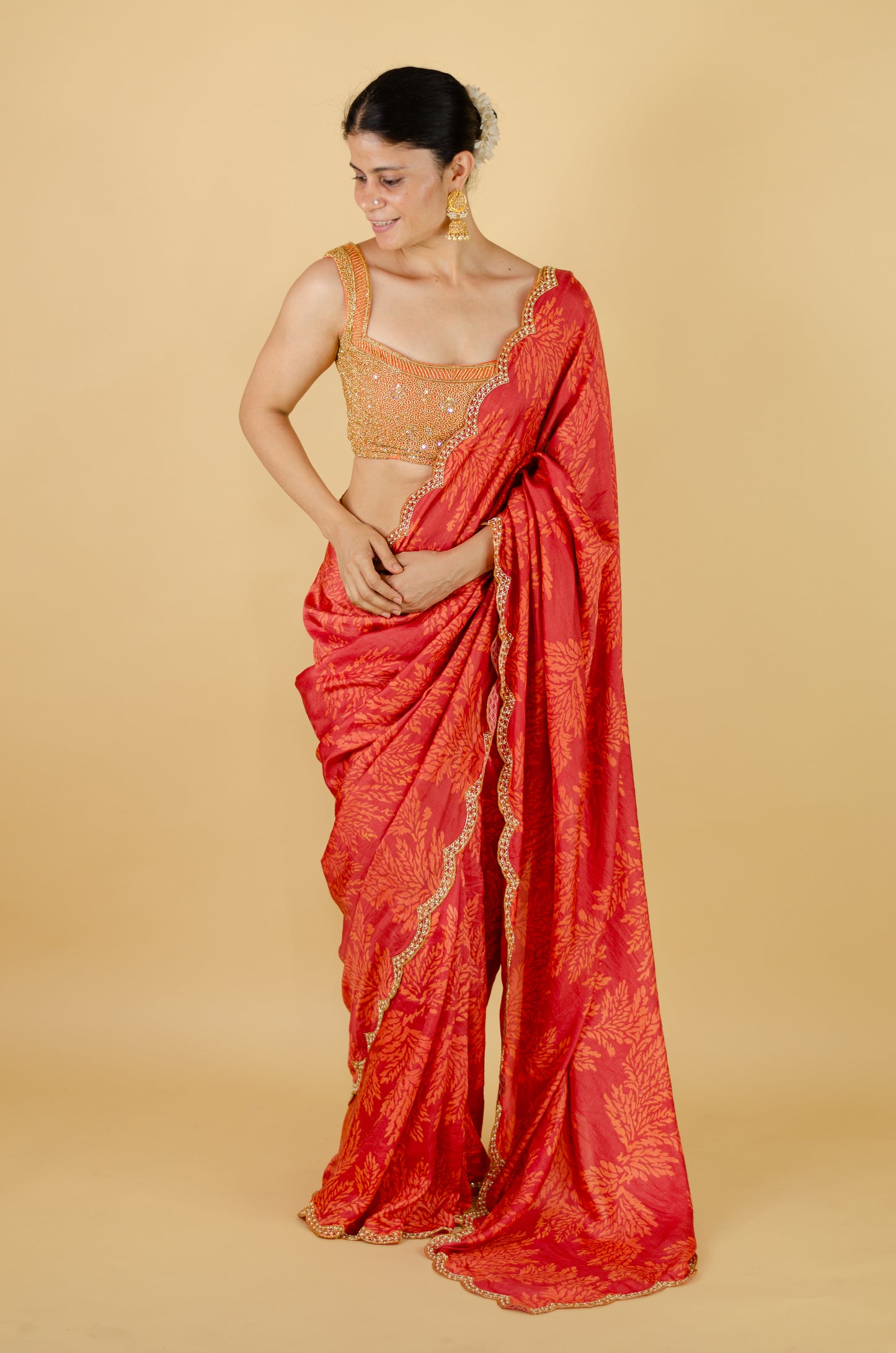 Handloom Hand Block Printed & Hand Embroidered Mulberry Silk Saree