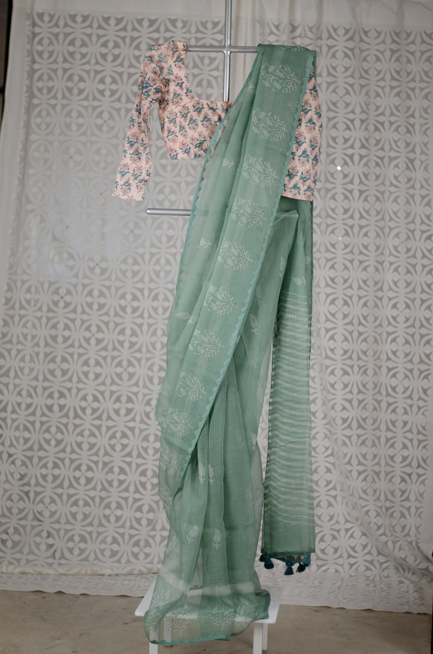 Handblock & Hand Embroidered Printed Kota Doria Saree
