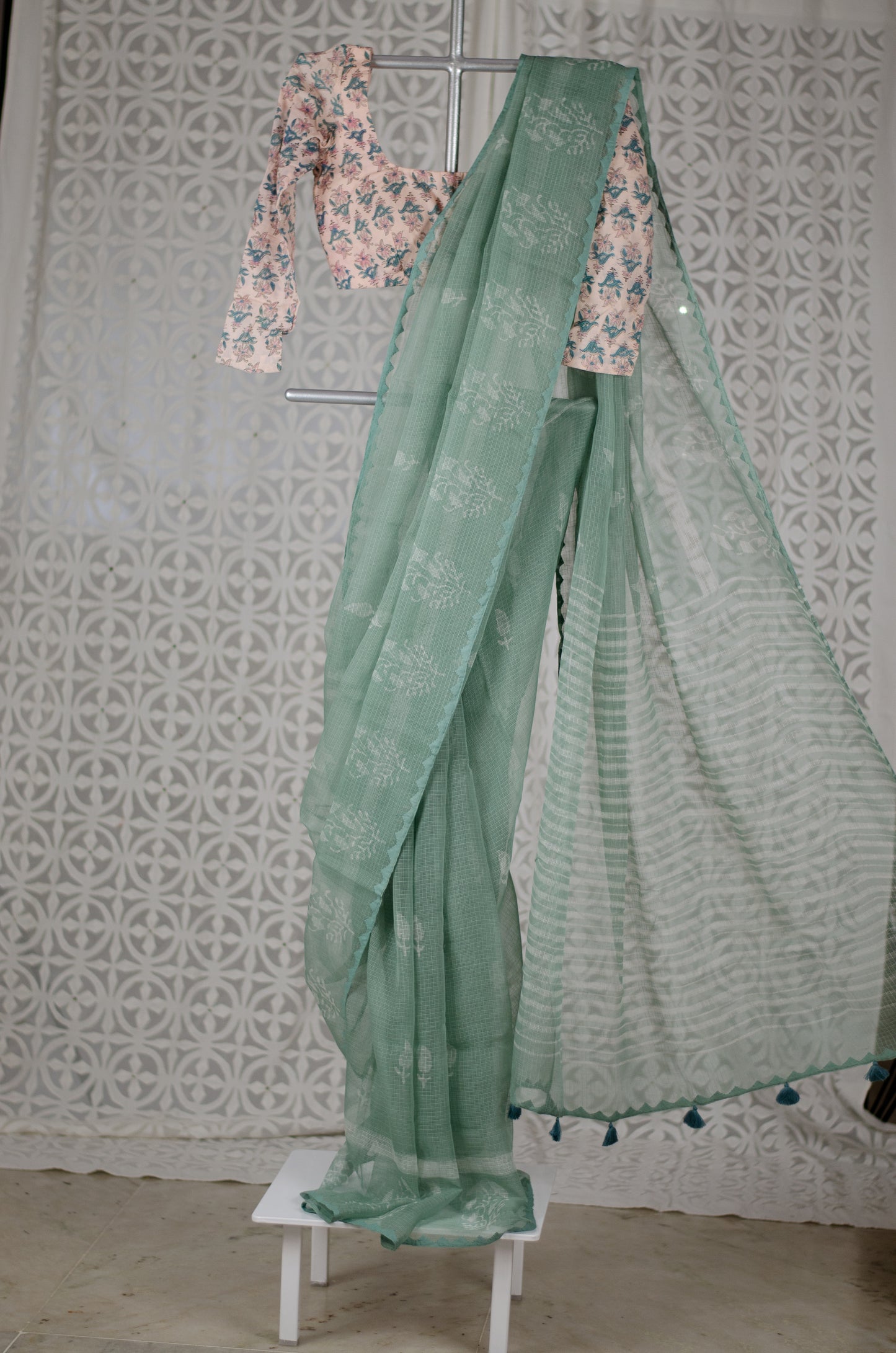 Handblock & Hand Embroidered Printed Kota Doria Saree